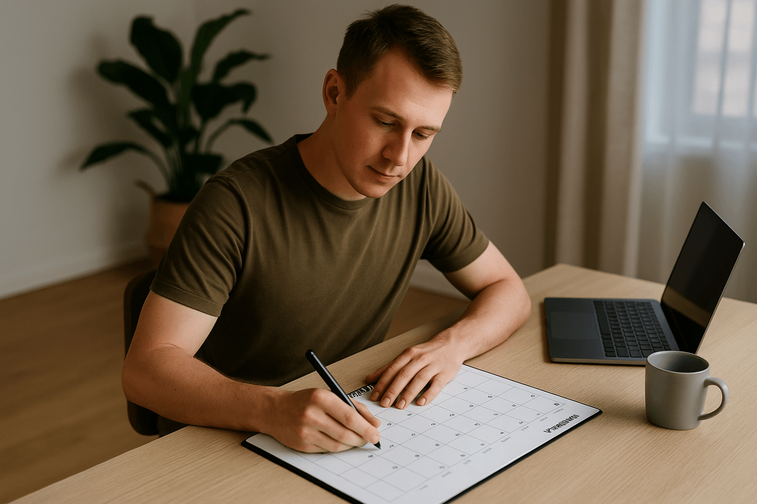 Man planning monthly schedule on desk calendar while working from home with laptop and coffee cup.
