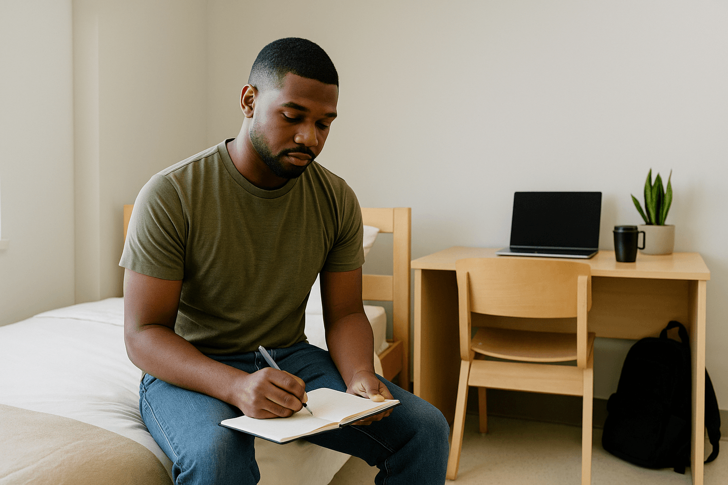 Young man writing in notebook while sitting on bed in minimalist dorm room with laptop and coffee mug on desk.