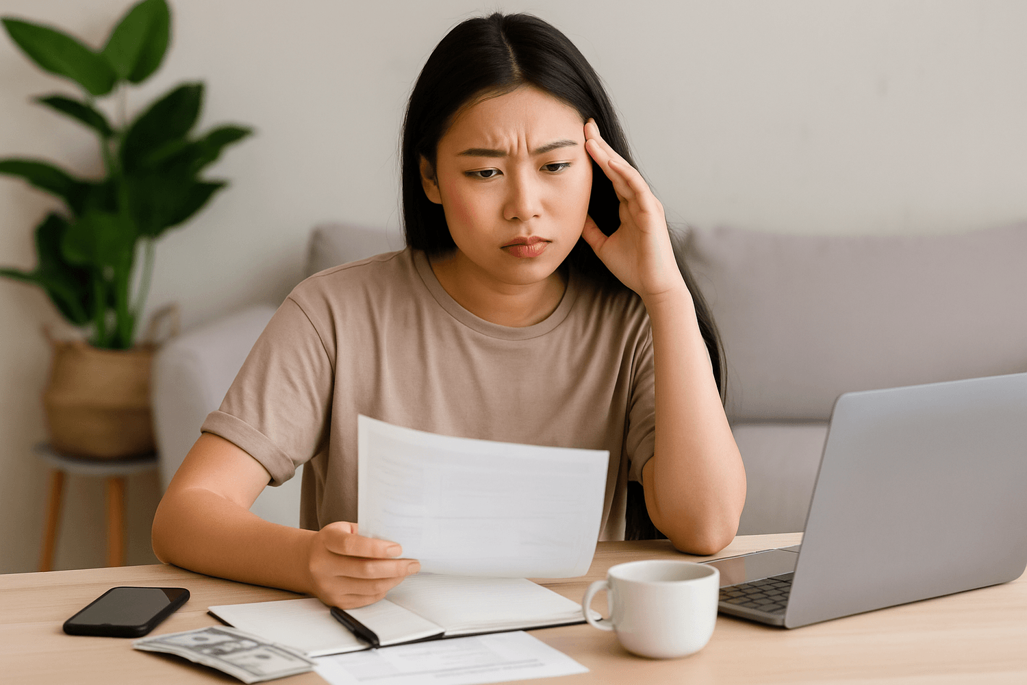 Young woman looking worried while reviewing bills at desk with laptop, notebook, and cash on table.