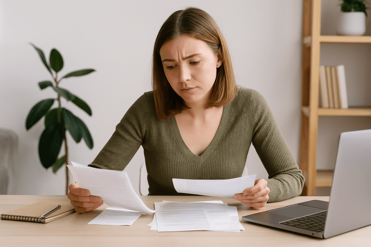 Concerned woman reviewing bills and paperwork at desk with laptop, budgeting notebook, and documents spread out.