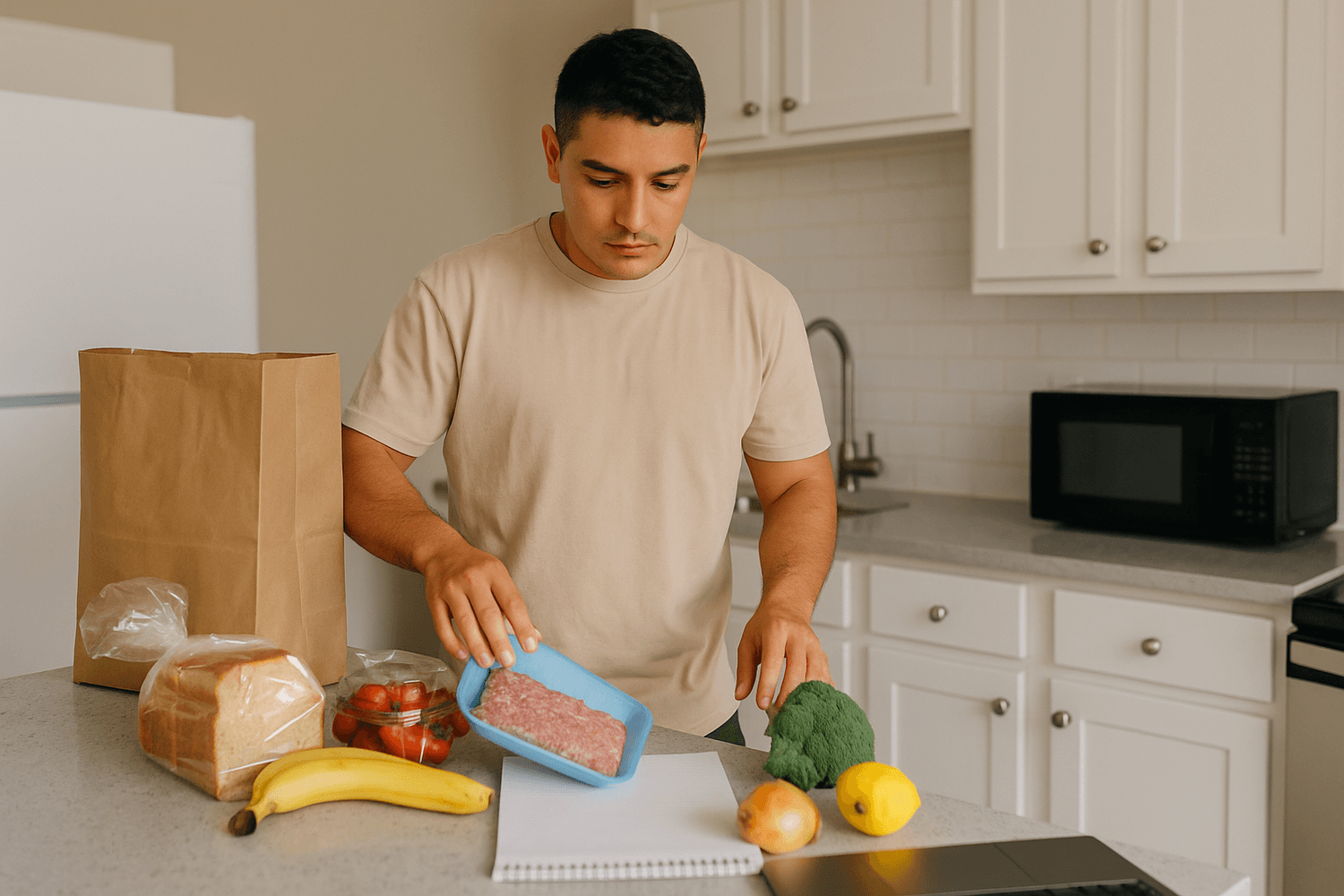Man in kitchen unpacking groceries including bread, ground meat, vegetables, and fruit while meal planning on a budget.