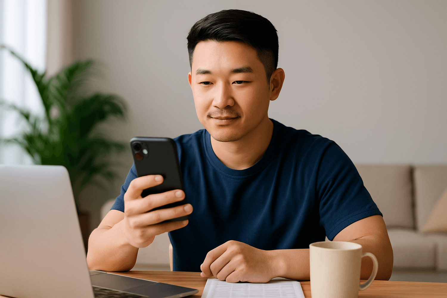 Man sitting at desk with laptop and coffee cup, checking his smartphone while reviewing finances online.