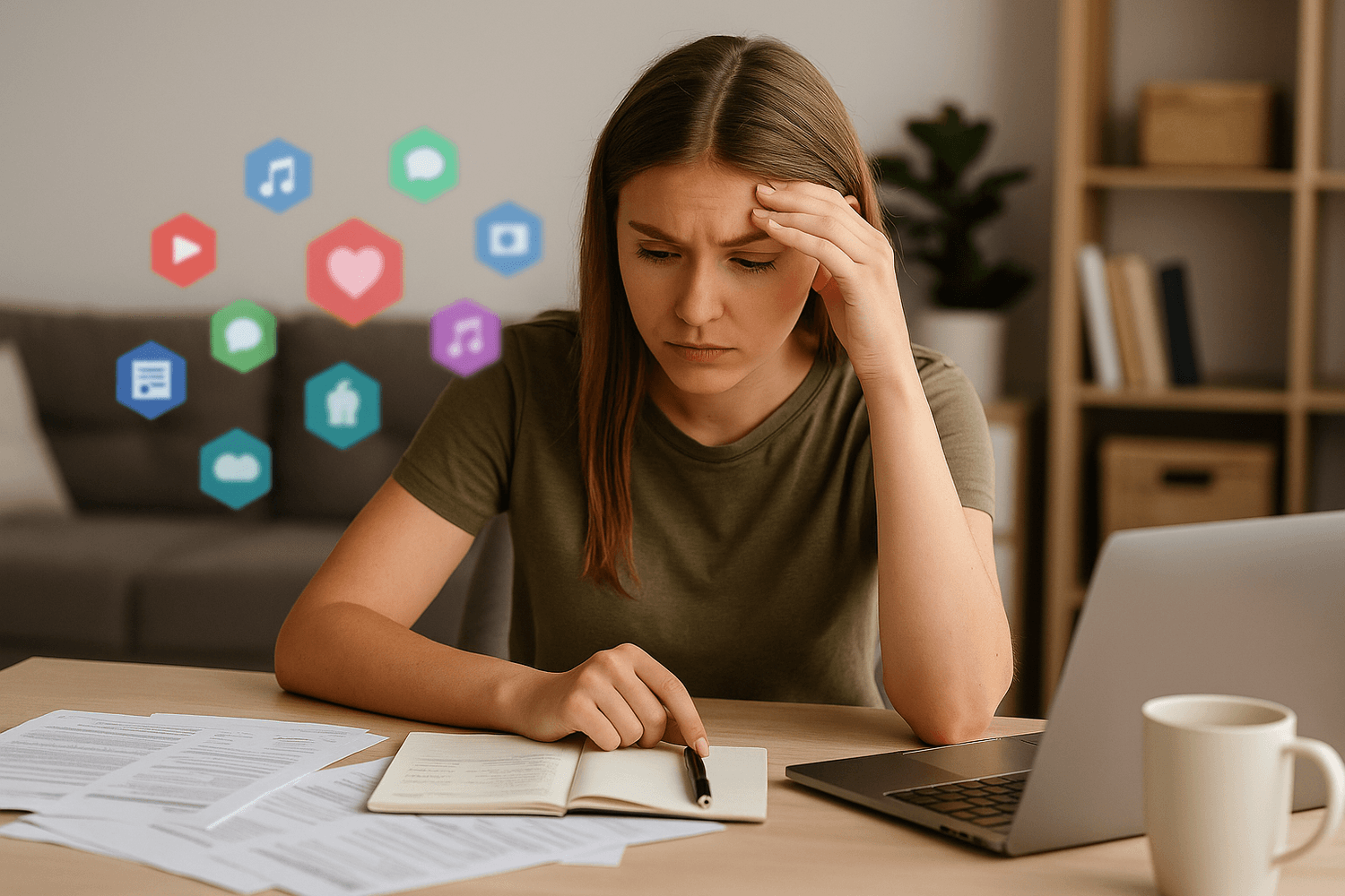 Frustrated woman reviewing bills at home with laptop, overwhelmed by subscription app icons floating around her, symbolizing subscription creep.