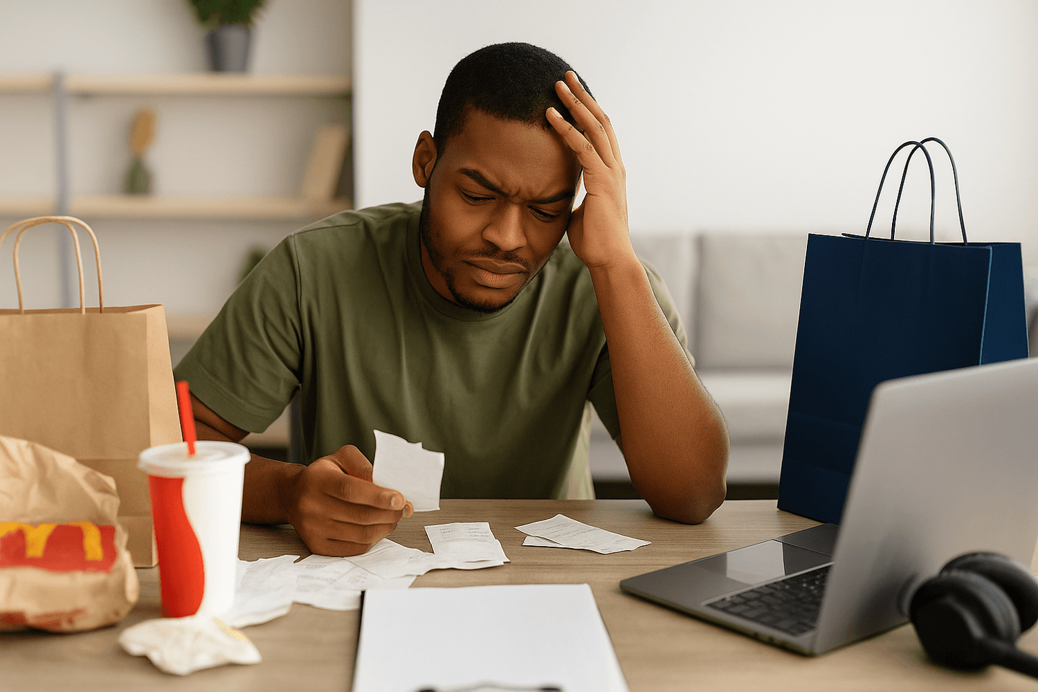 Frustrated man at home reviewing fast food receipts with shopping bags and laptop, realizing how small daily purchases add up.