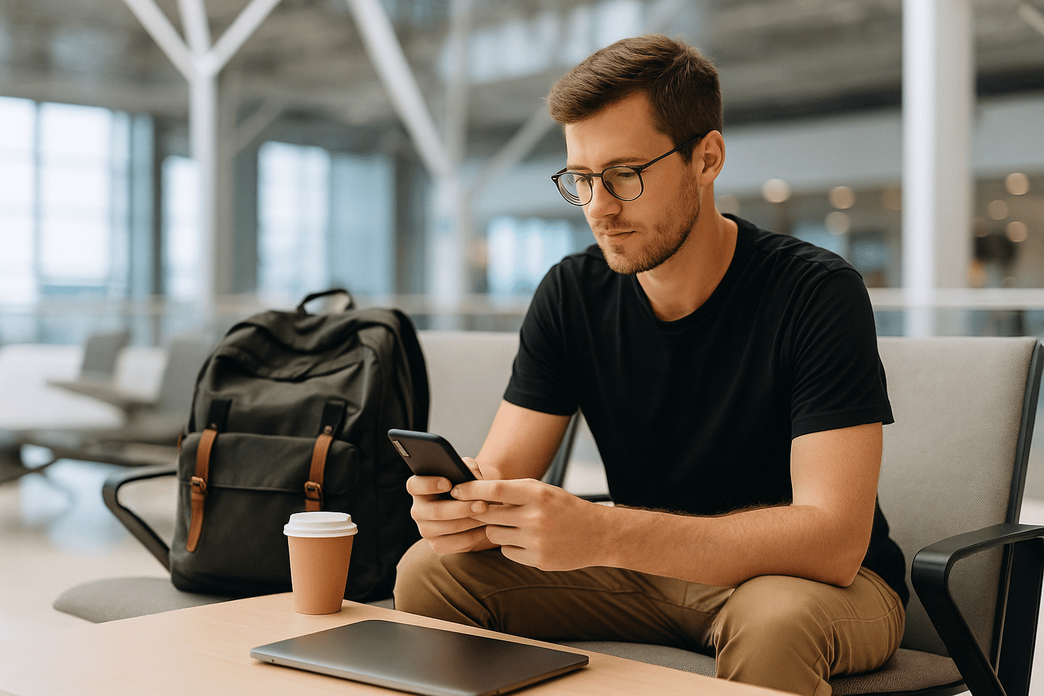 Young man at airport checking phone with backpack, coffee, and laptop, preparing for travel expenses.