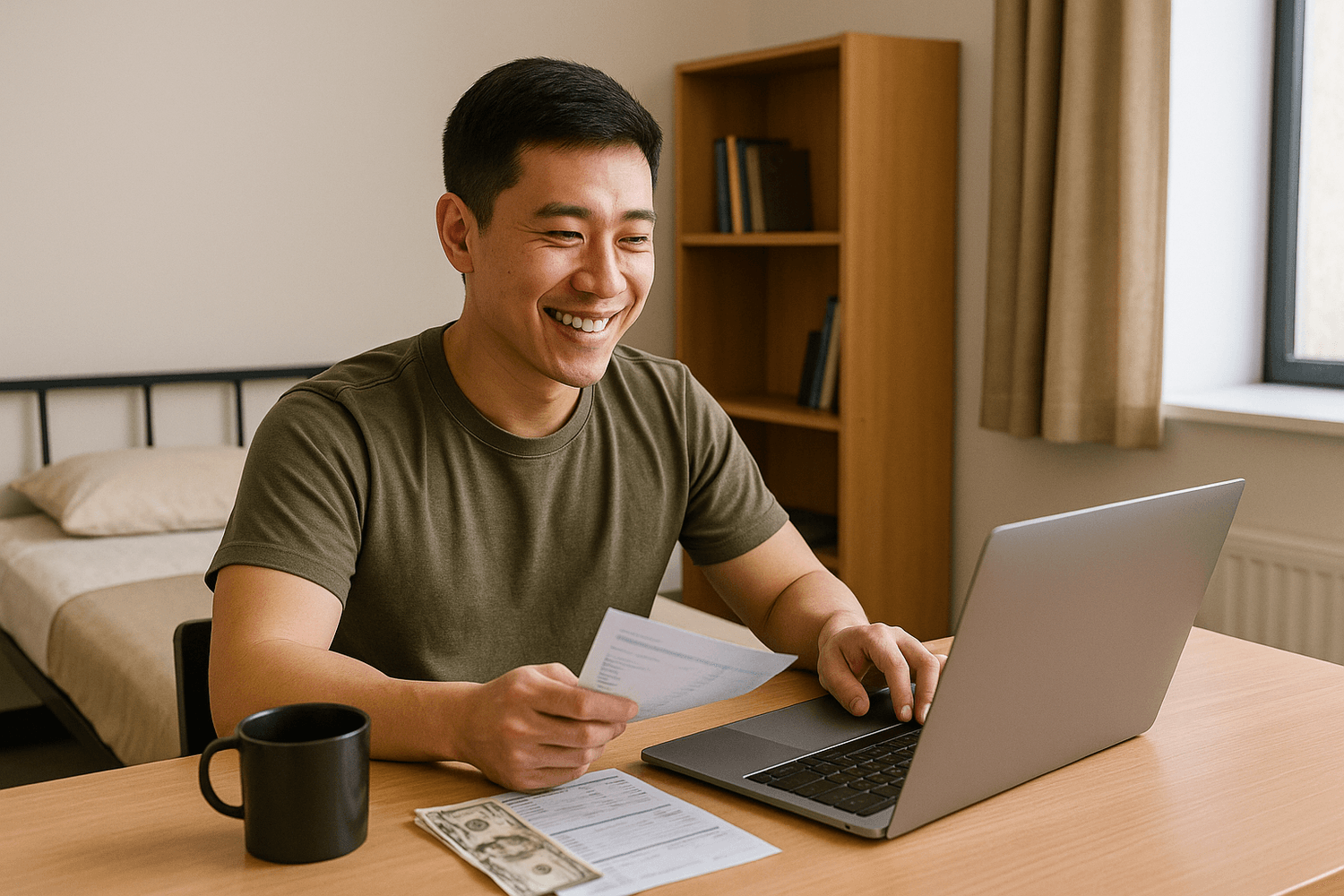 Smiling man in green shirt managing finances on laptop with cash and documents on desk, feeling confident about money planning.