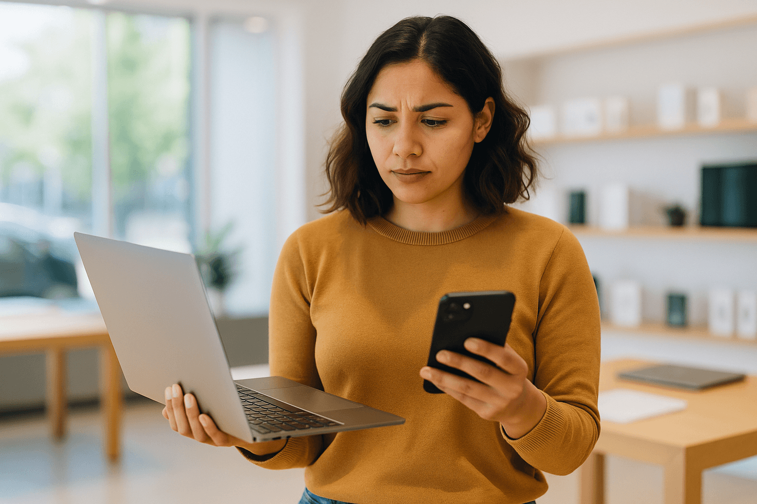Concerned woman comparing prices on phone and laptop while shopping for electronics, unsure about making the right purchase decision.