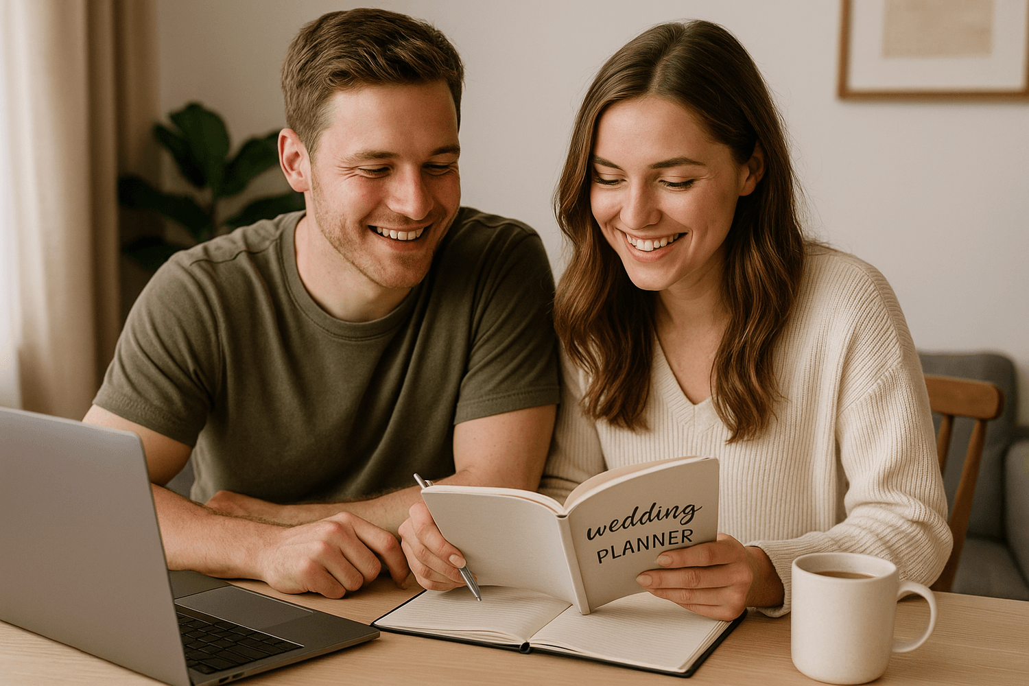 Happy couple using a wedding planner notebook while budgeting and planning expenses together at home with a laptop and coffee on the table.