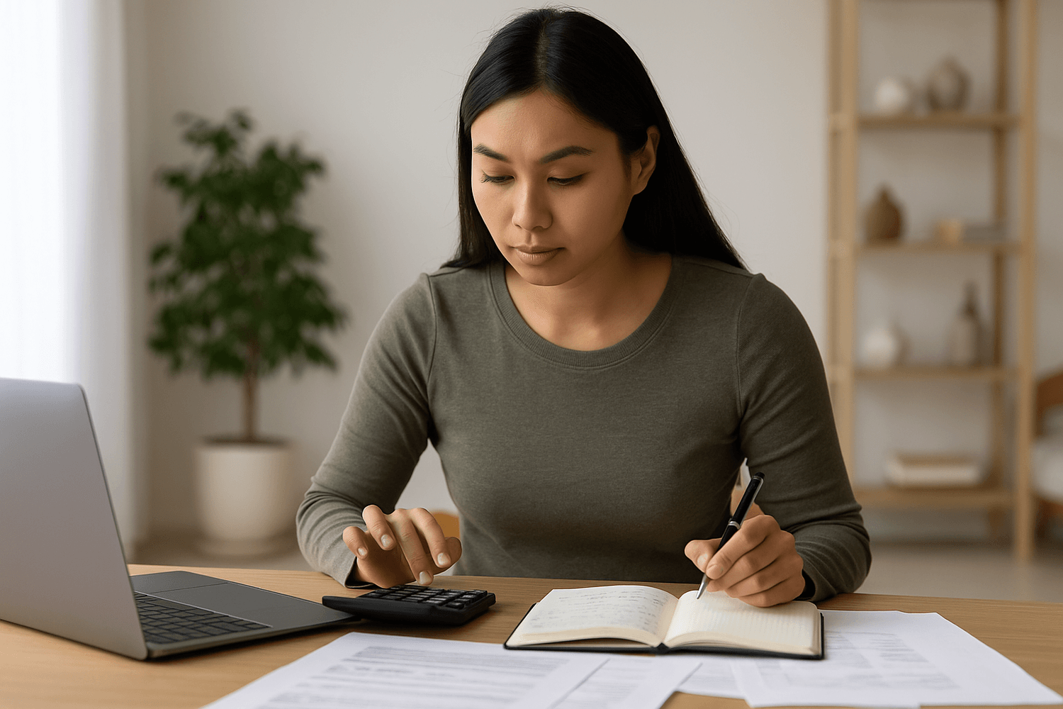 Focused woman using a calculator and notebook to manage monthly budget with laptop and bills on the table.