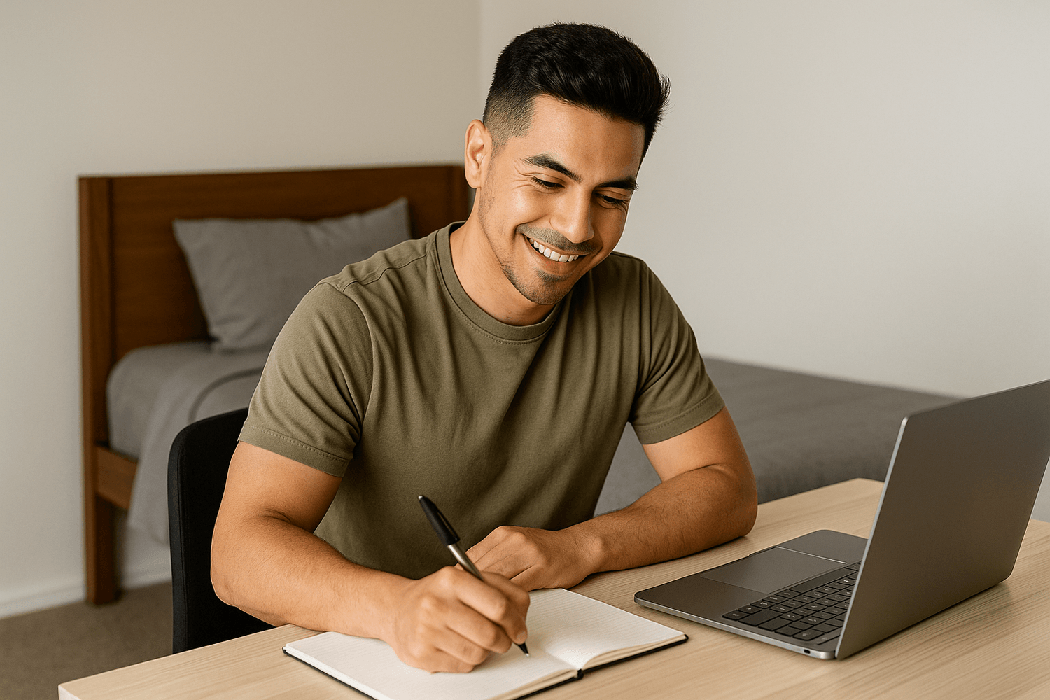 Young man in a green t-shirt smiling while writing in a notebook at his desk with a laptop open beside him.