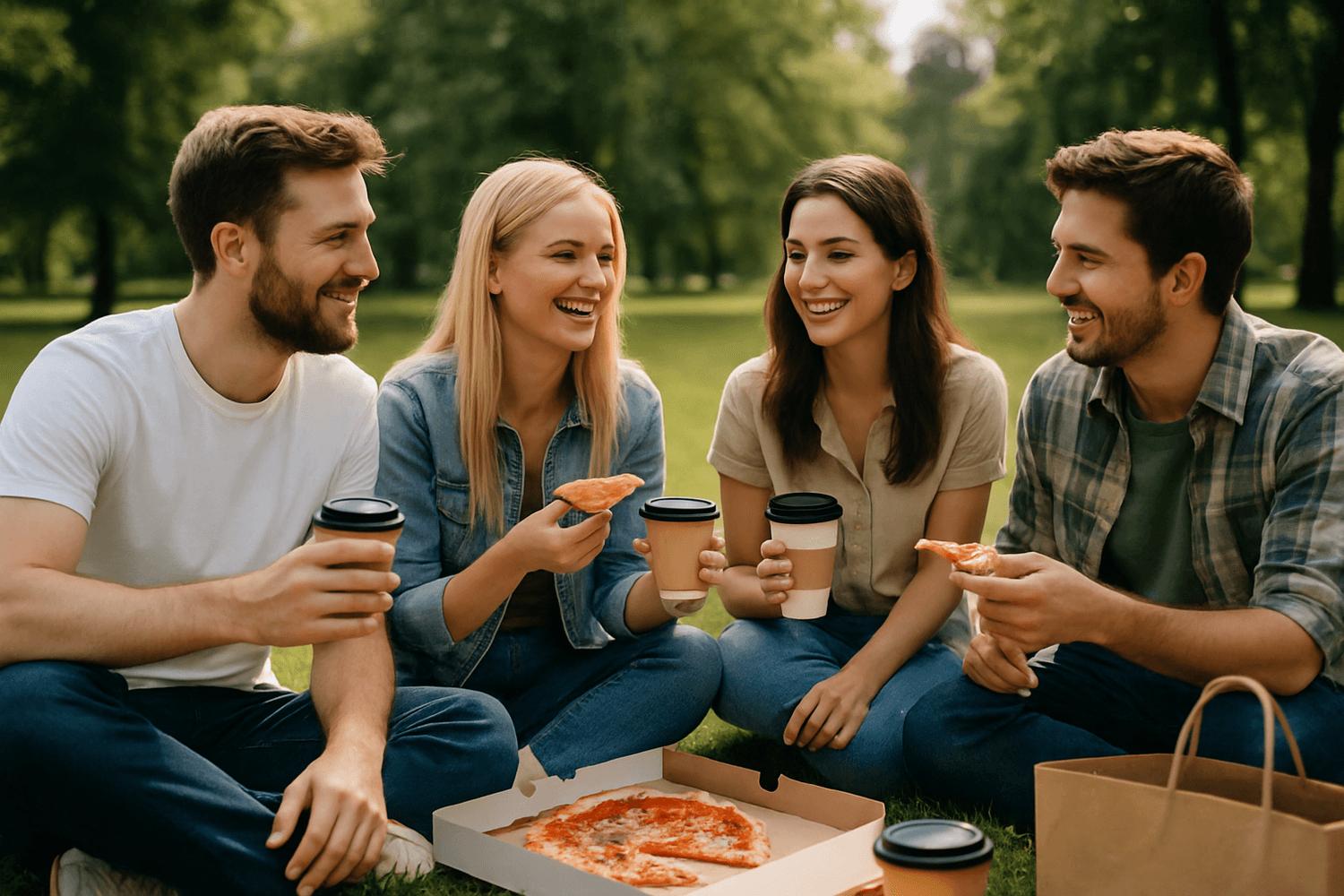Group of friends sitting on the grass outdoors, laughing and sharing pizza and coffee together.
