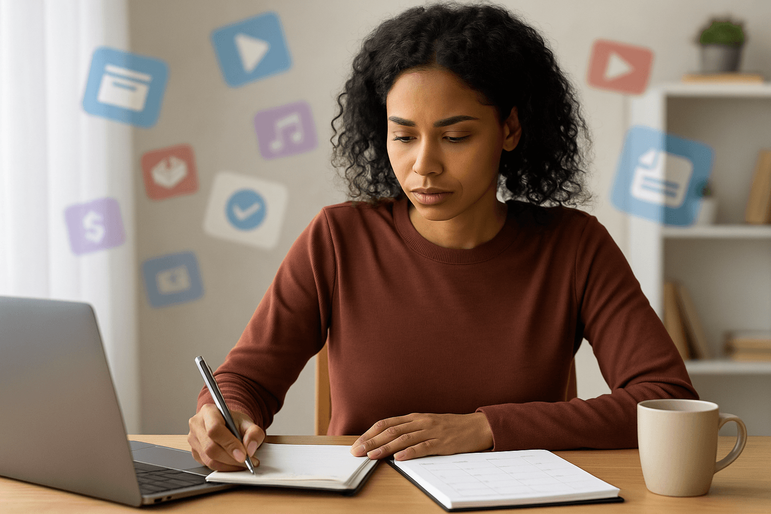Focused young woman writing notes at a desk with a laptop, planner, and digital icons floating around her, representing distractions or online tasks.