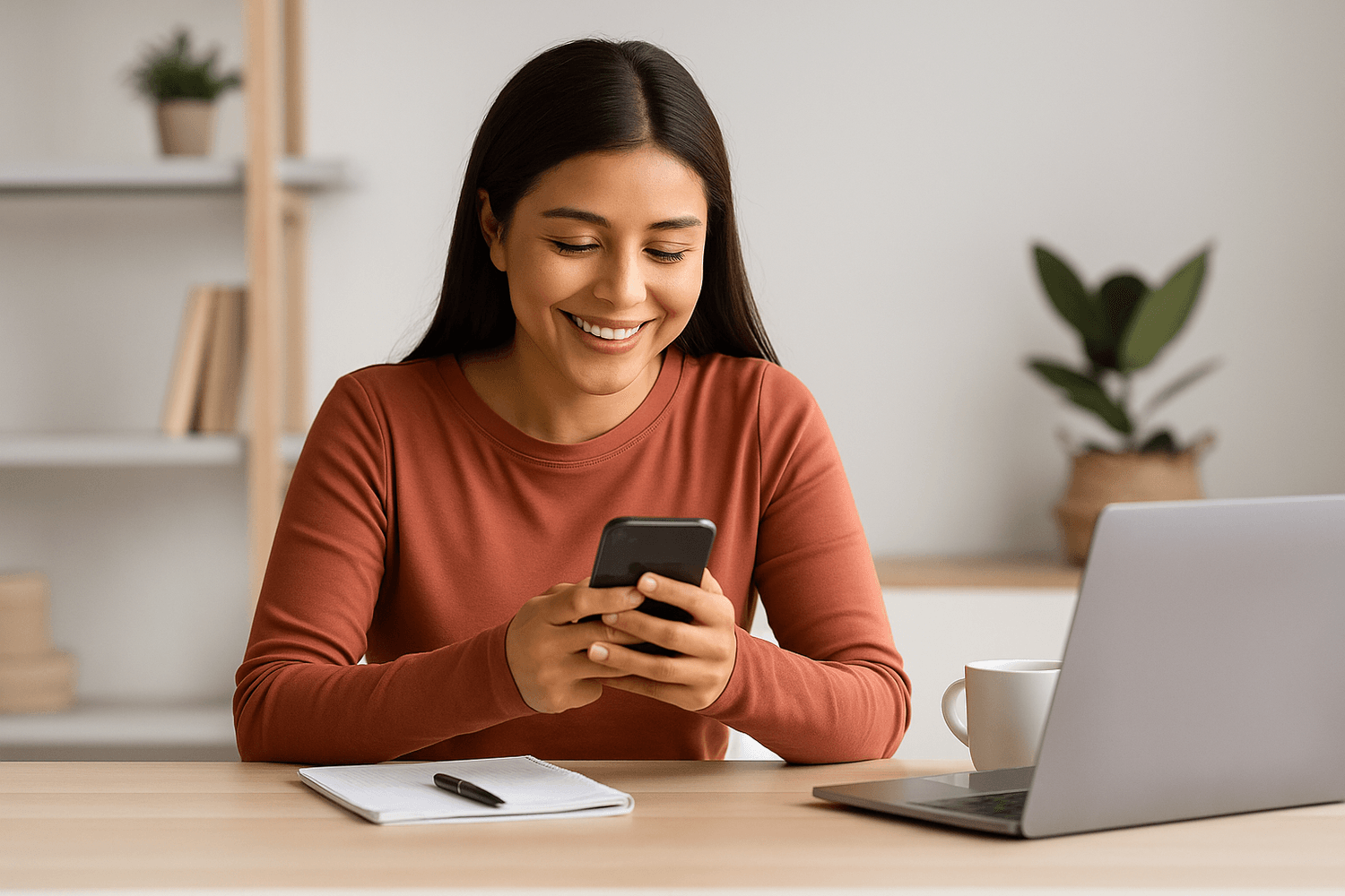 Smiling young woman sitting at a desk with a laptop, coffee, and notebook, looking at her phone happily as if checking messages or finances.