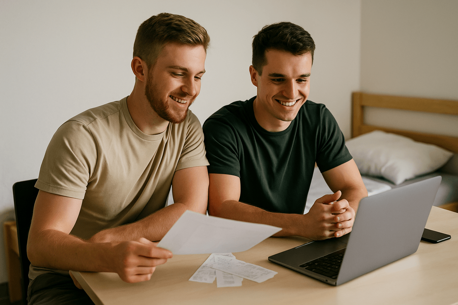 Two young men sitting at a desk in a barracks-style room, smiling while reviewing receipts and working on a laptop together.