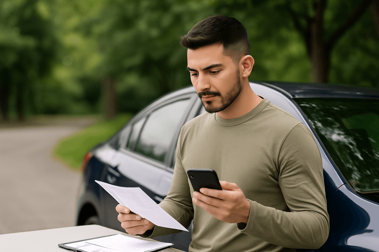 Man standing by a parked car, holding paperwork in one hand and a phone in the other, reviewing documents with a focused expression.