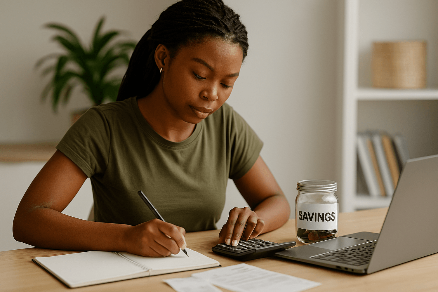 Woman in a green shirt calculating expenses at a desk with a notebook, receipts, and a glass jar labeled “SAVINGS.”
