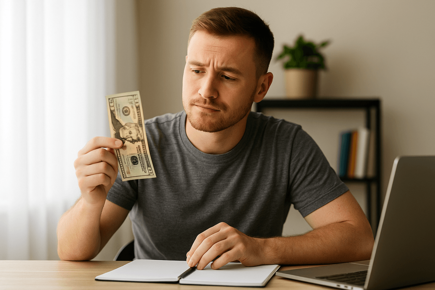 Man in a gray shirt sitting at a desk, holding up a $20 bill with a thoughtful expression, notebook and laptop in front of him.