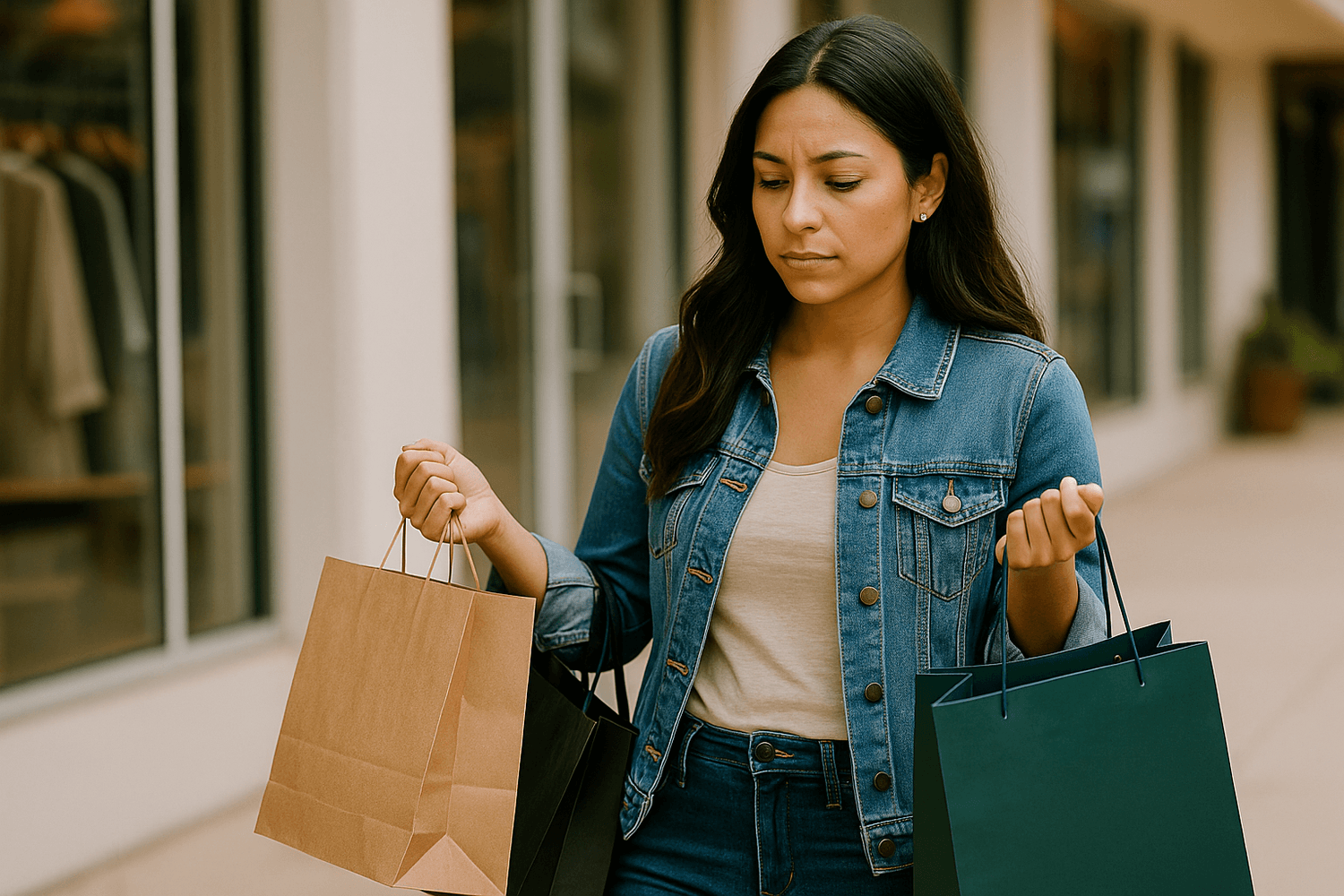 Woman in a denim jacket walking outside with multiple shopping bags, looking down with a concerned expression.