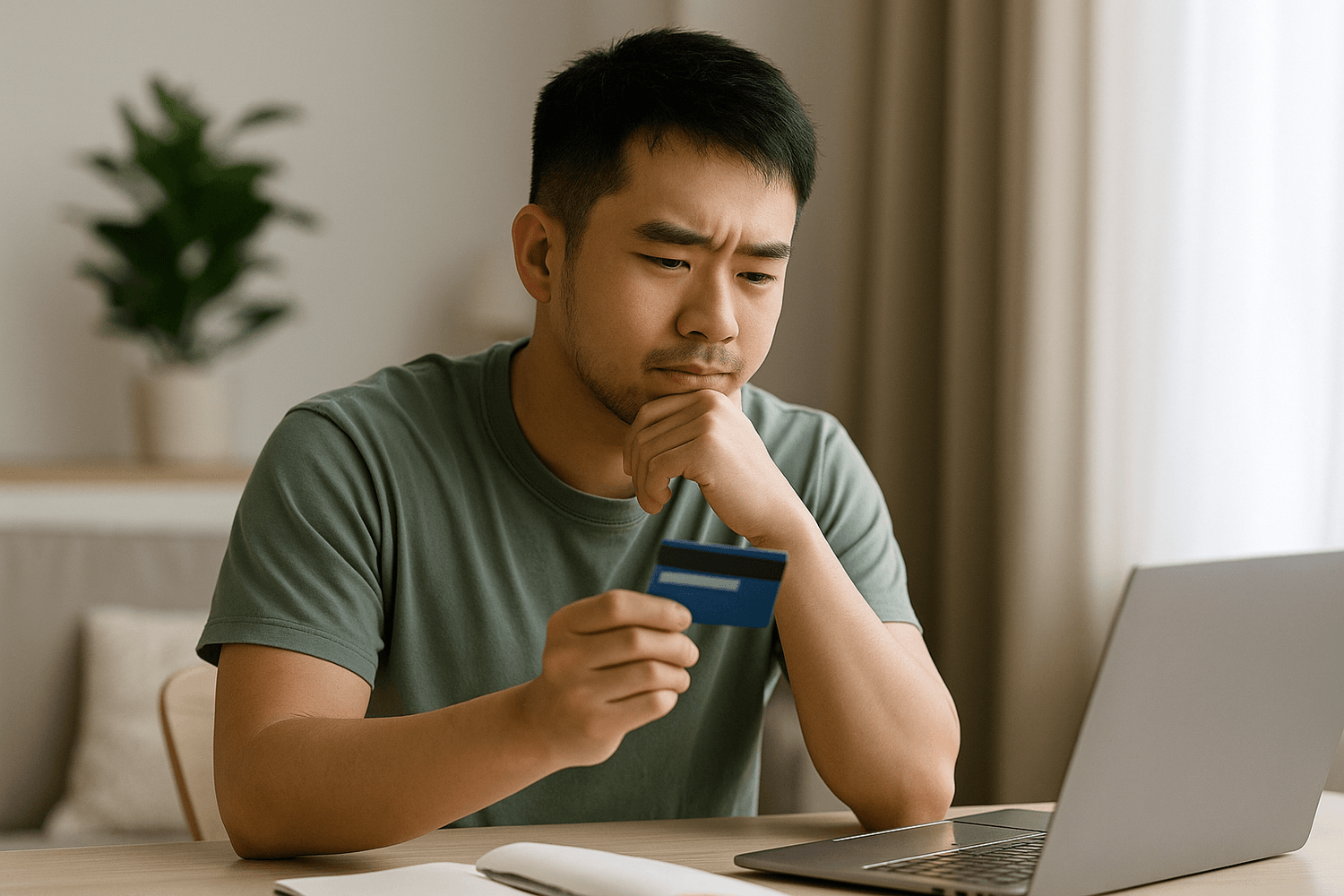 Man in a green t-shirt sitting at a desk, looking thoughtfully at a credit card while using a laptop