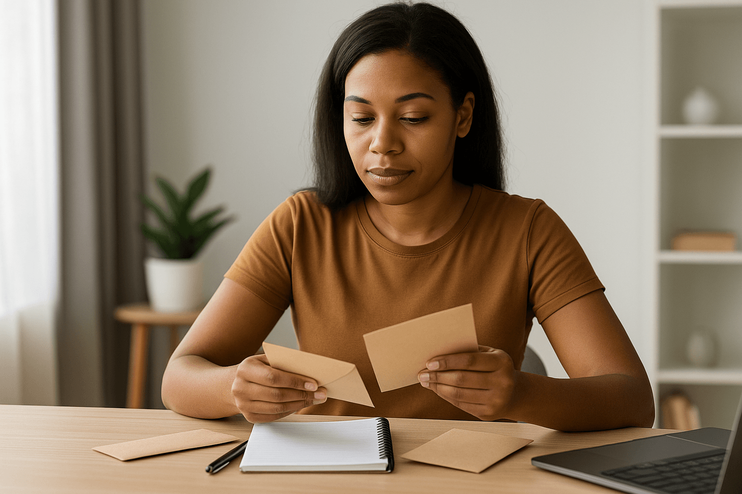 Woman in a brown shirt sitting at a desk, holding cash envelopes with a notebook and laptop in front of her.