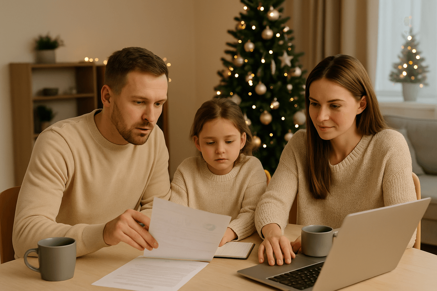 Family with a young daughter sitting at a table in front of a Christmas tree, reviewing papers together with a laptop open.