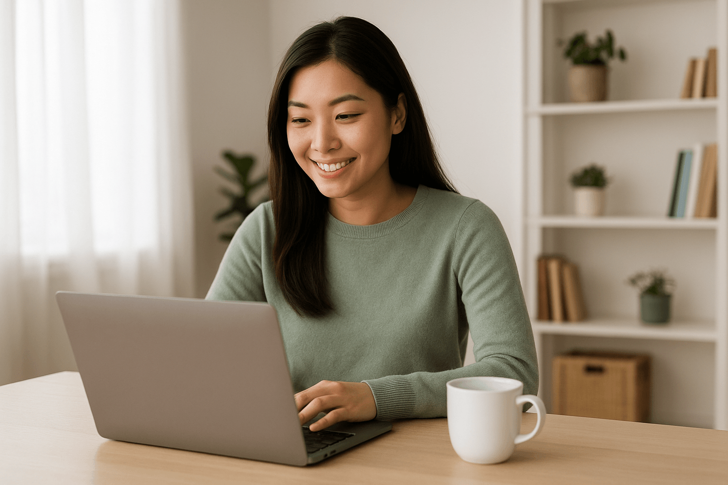 Smiling woman in a green sweater sitting at a desk with a laptop and white coffee mug, working comfortably at home.