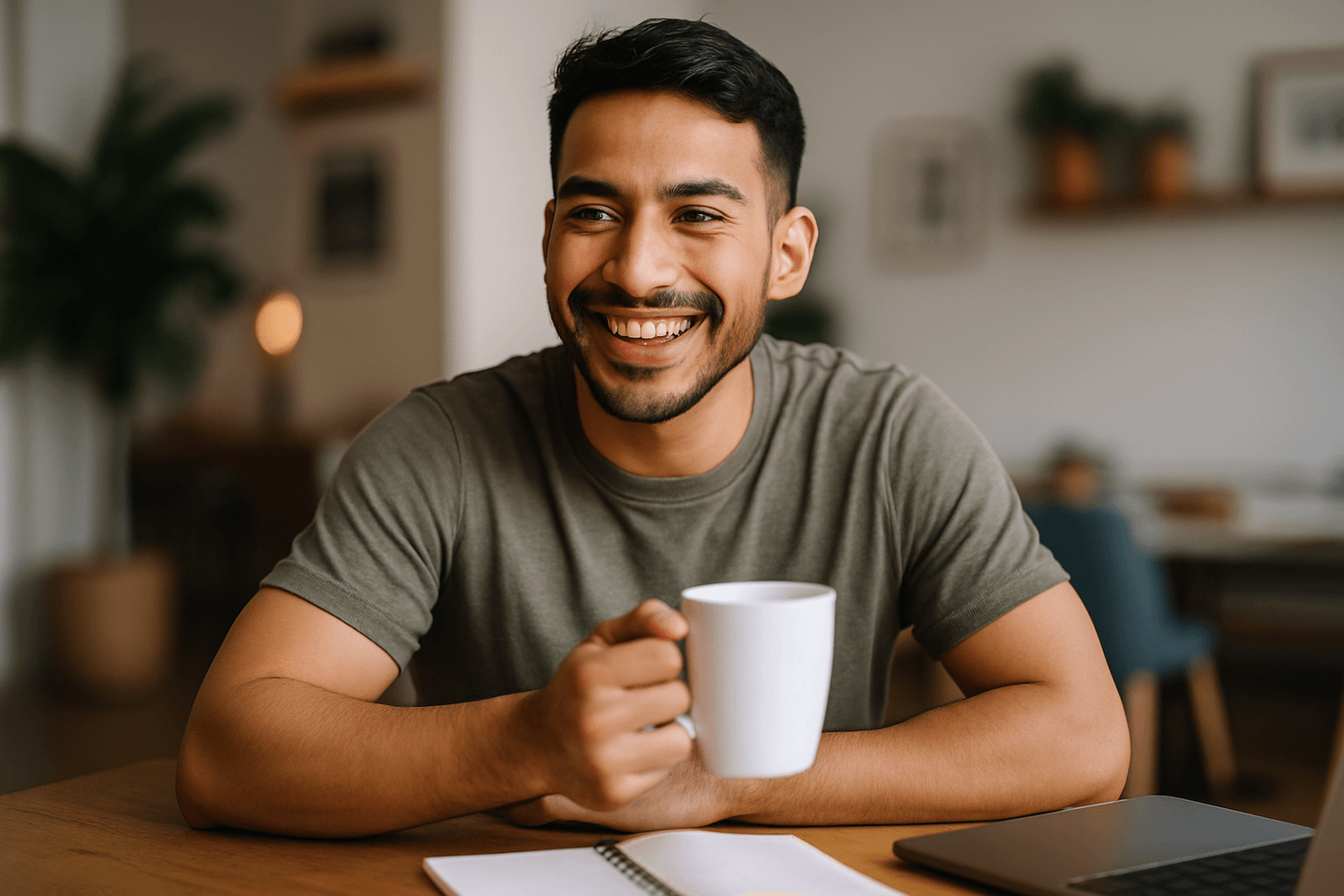 Smiling man holding a white mug at a desk with a notebook and laptop, looking relaxed and confident.
