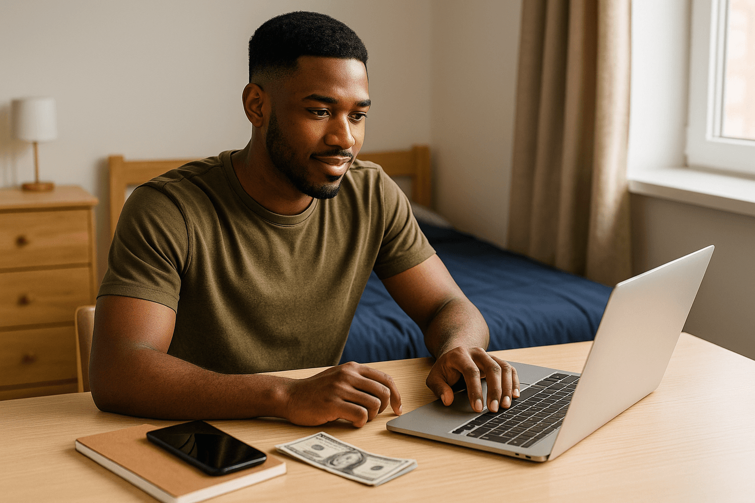 Young man in a barracks-style room sitting at a desk with cash, a notebook, and a laptop, appearing focused on managing money online.