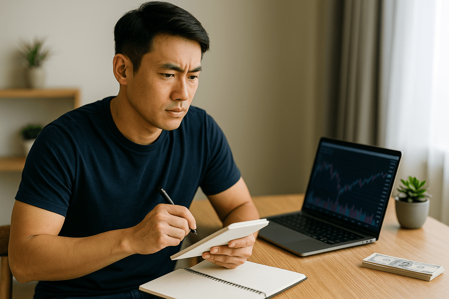 Focused man reviewing notes with a laptop showing a stock market chart and cash on the desk, representing investment planning.