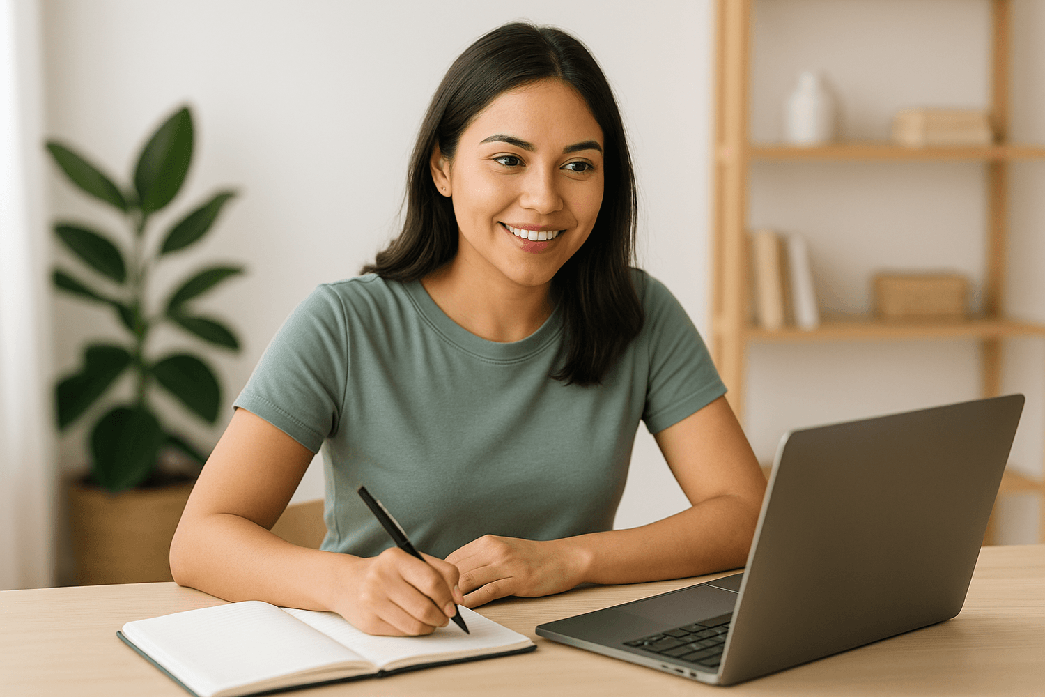Smiling woman taking notes while reviewing stock charts on a laptop, representing financial discipline and investing strategy.