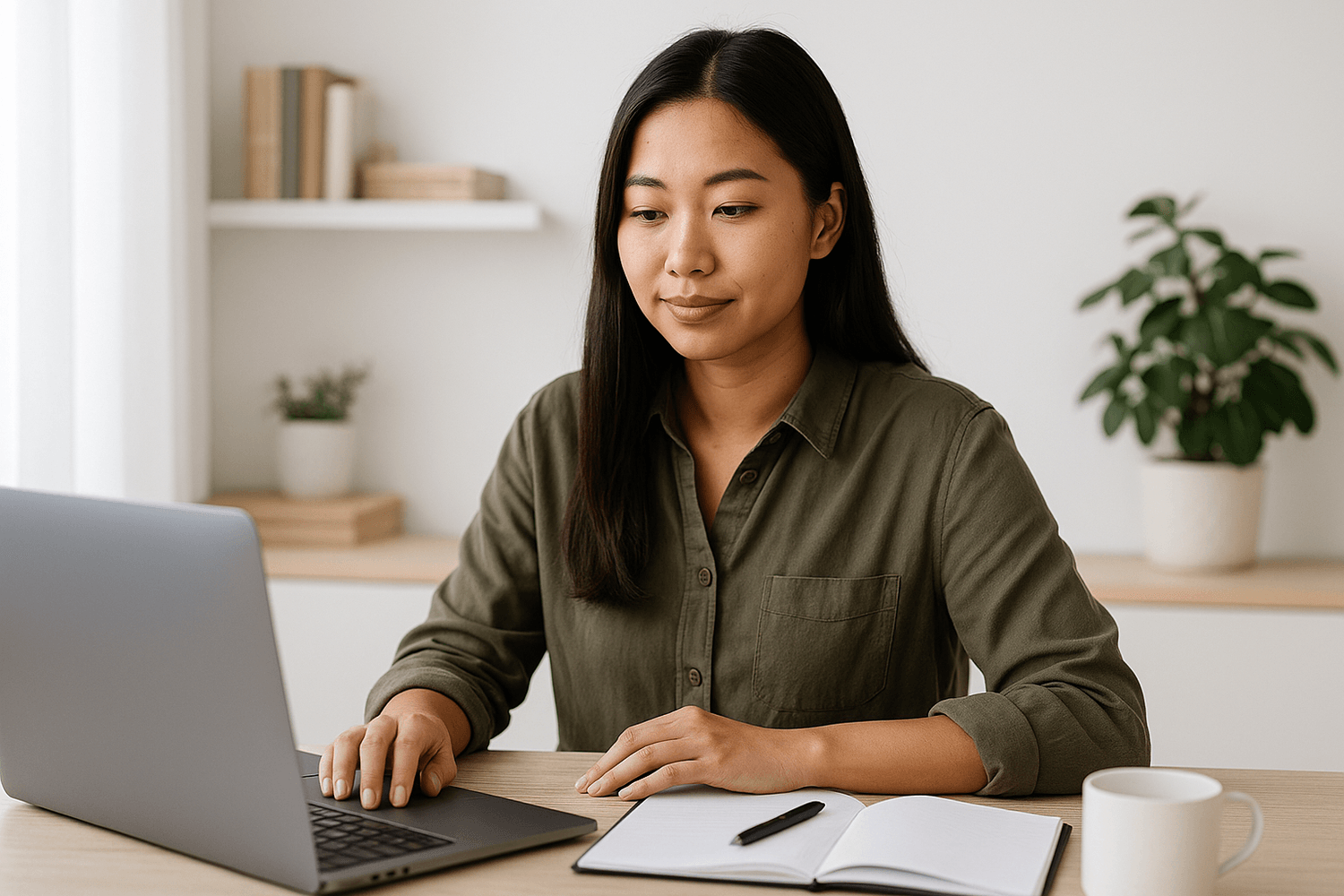 Focused woman working on a laptop with a notebook open, representing budgeting, planning, and disciplined money management.