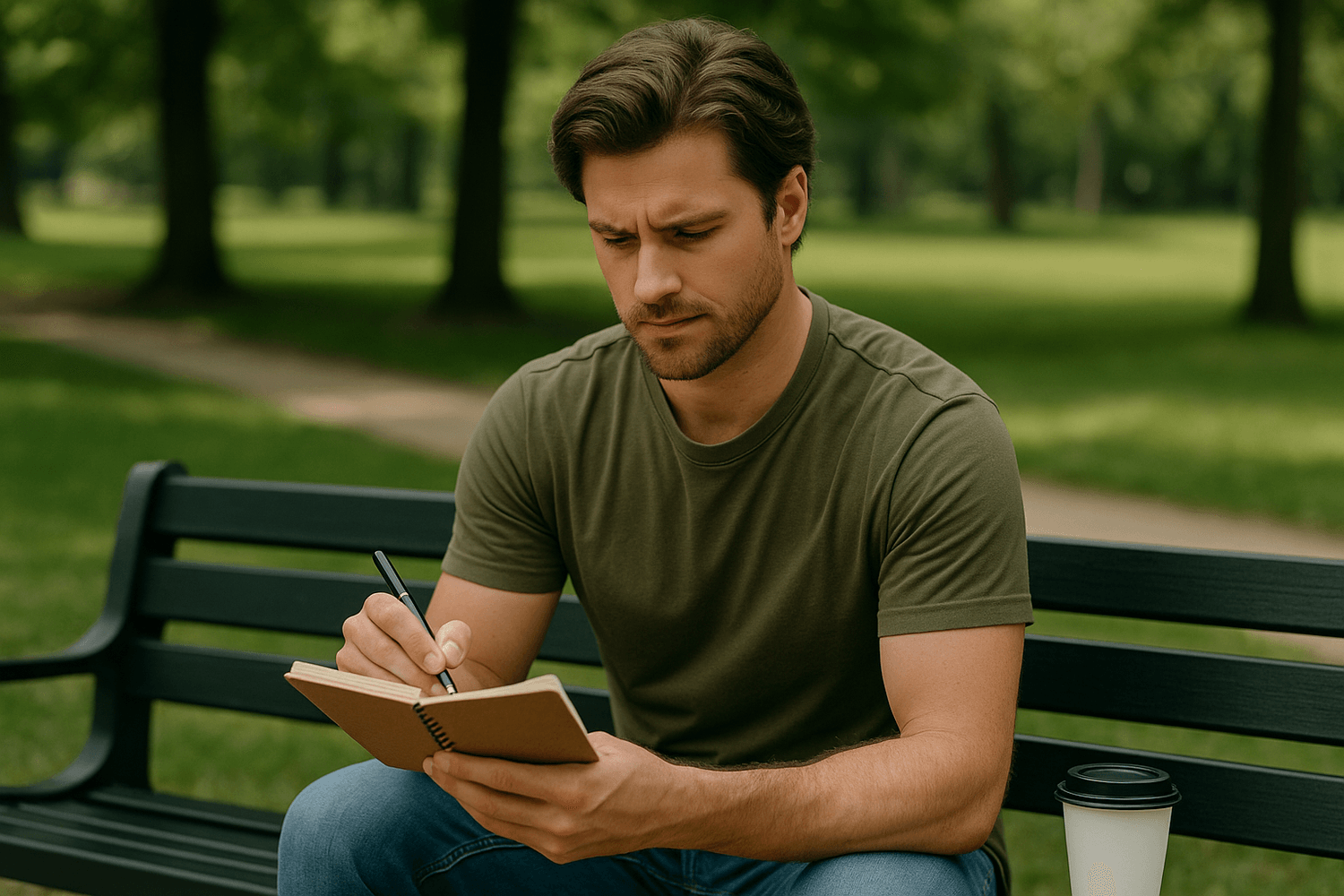 A man in an olive-green shirt sits on a park bench writing in a notebook with a focused expression. A takeaway coffee cup rests beside him. The image represents reflection, goal setting, or financial planning outdoors.