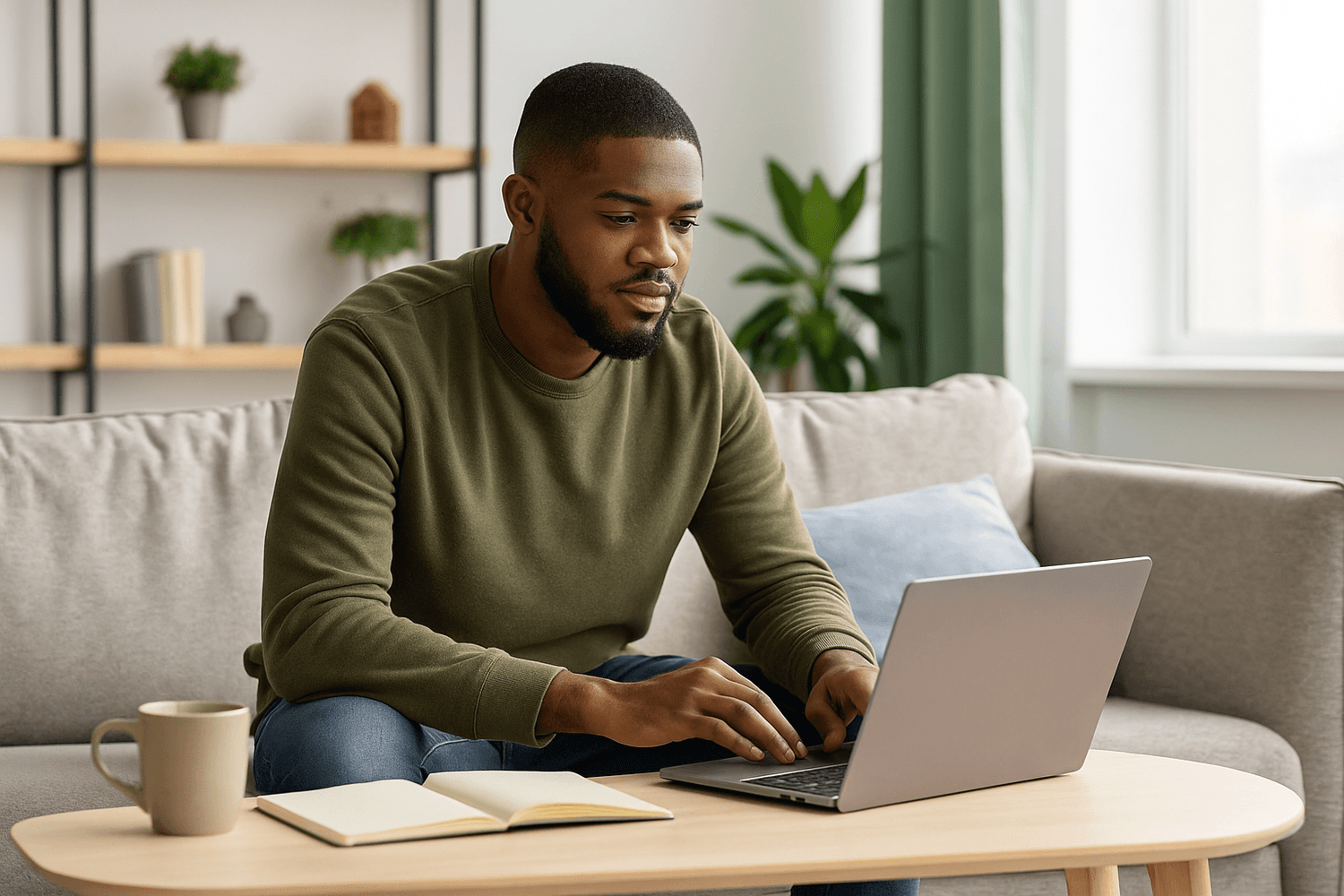 Man sitting on a sofa working on a laptop with a notebook and coffee on the table, representing steady financial planning and focus.
