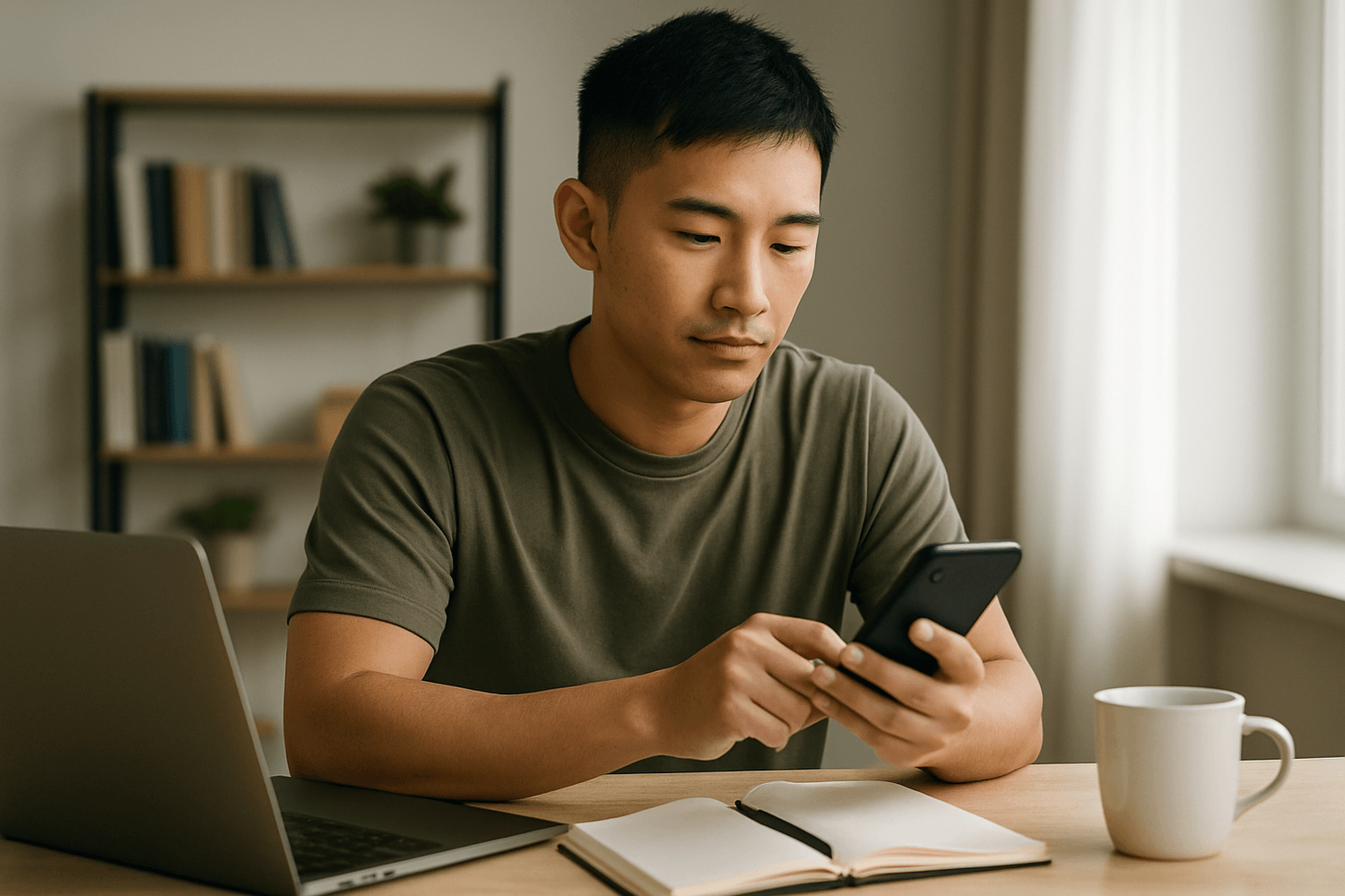 Man sitting at a desk with a laptop and notebook while looking at his phone, representing the use of financial apps for budgeting or credit monitoring.