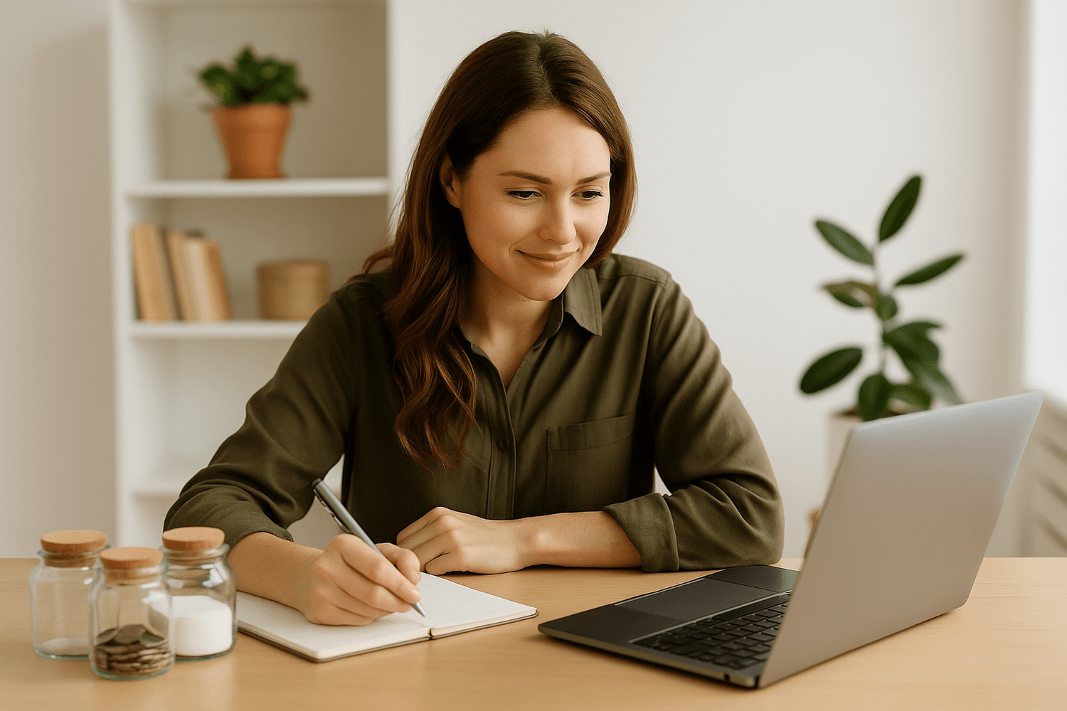 Woman sitting at a desk with a laptop and notebook, writing while three glass jars with coins and savings sit beside her, symbolizing budgeting and financial planning.