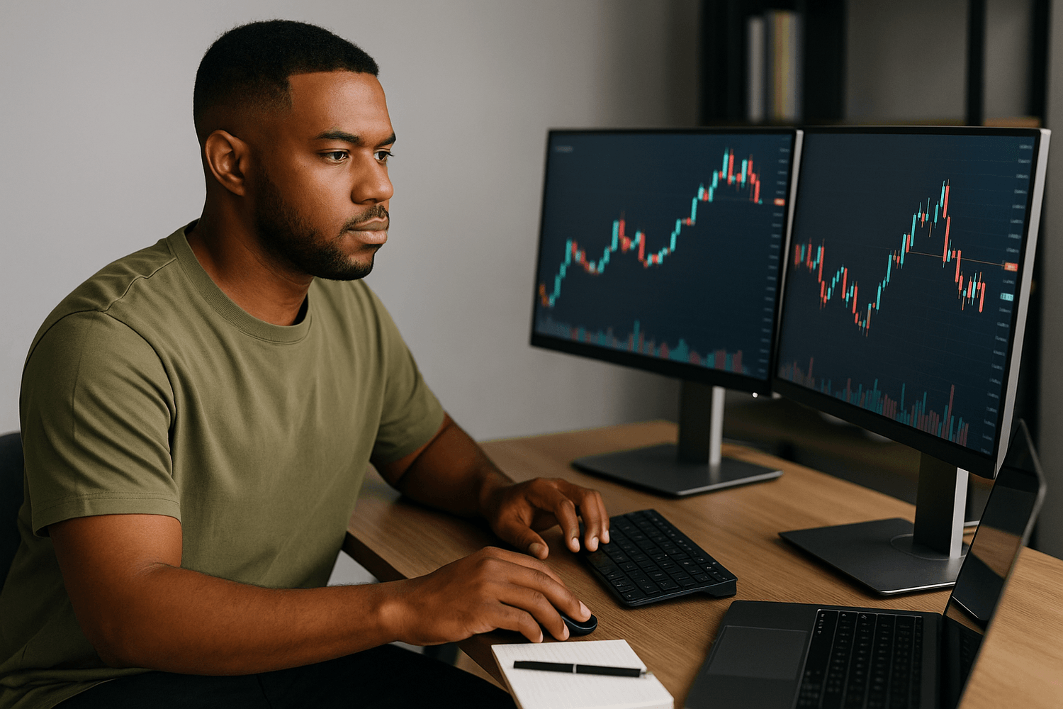 Man sitting at a desk with dual monitors displaying stock charts, focusing on market analysis and investment strategies.