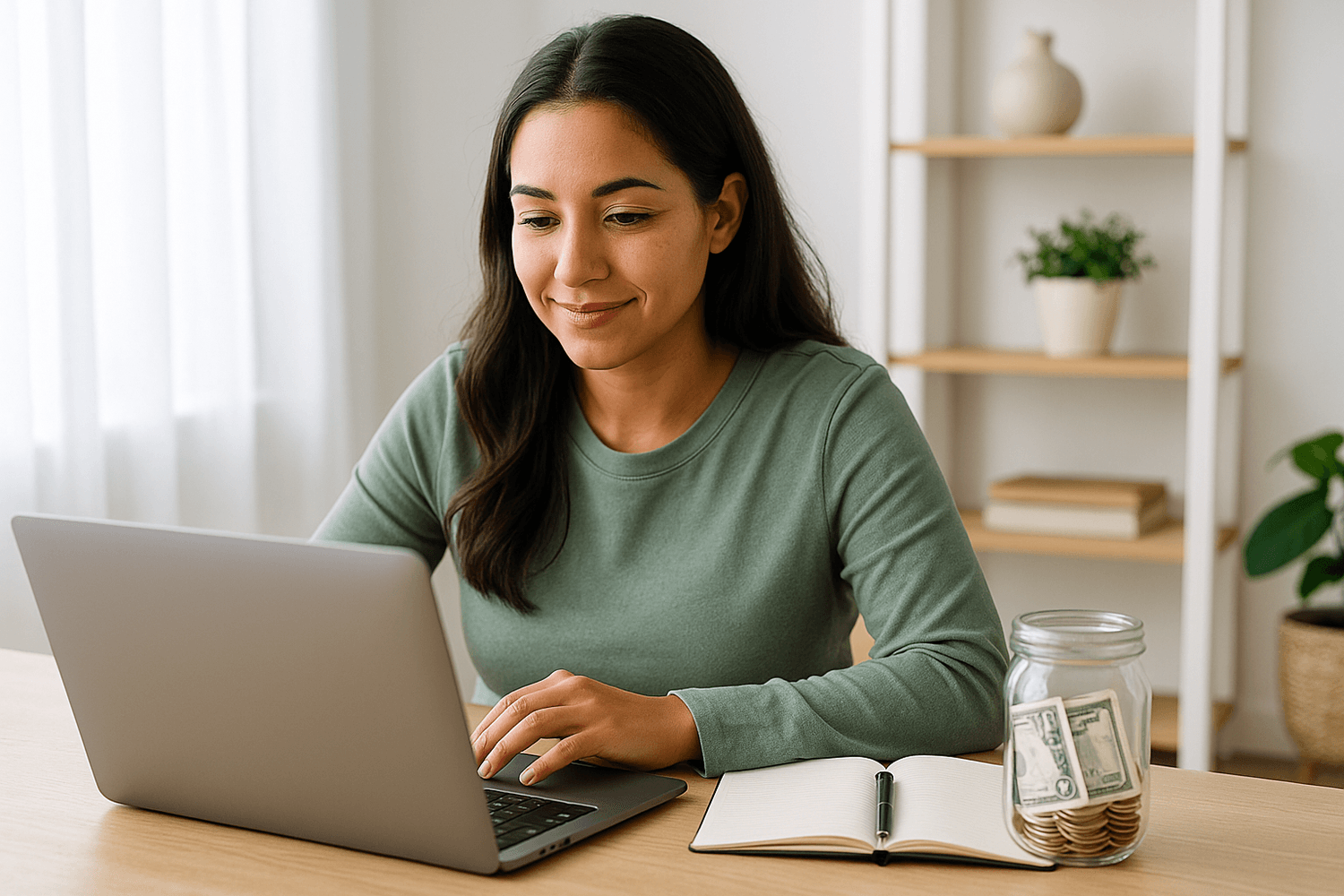 Focused young man sitting at a desk with a laptop, smartphone, and notebook, representing soldiers using budgeting apps and digital tools to manage money and build wealth.