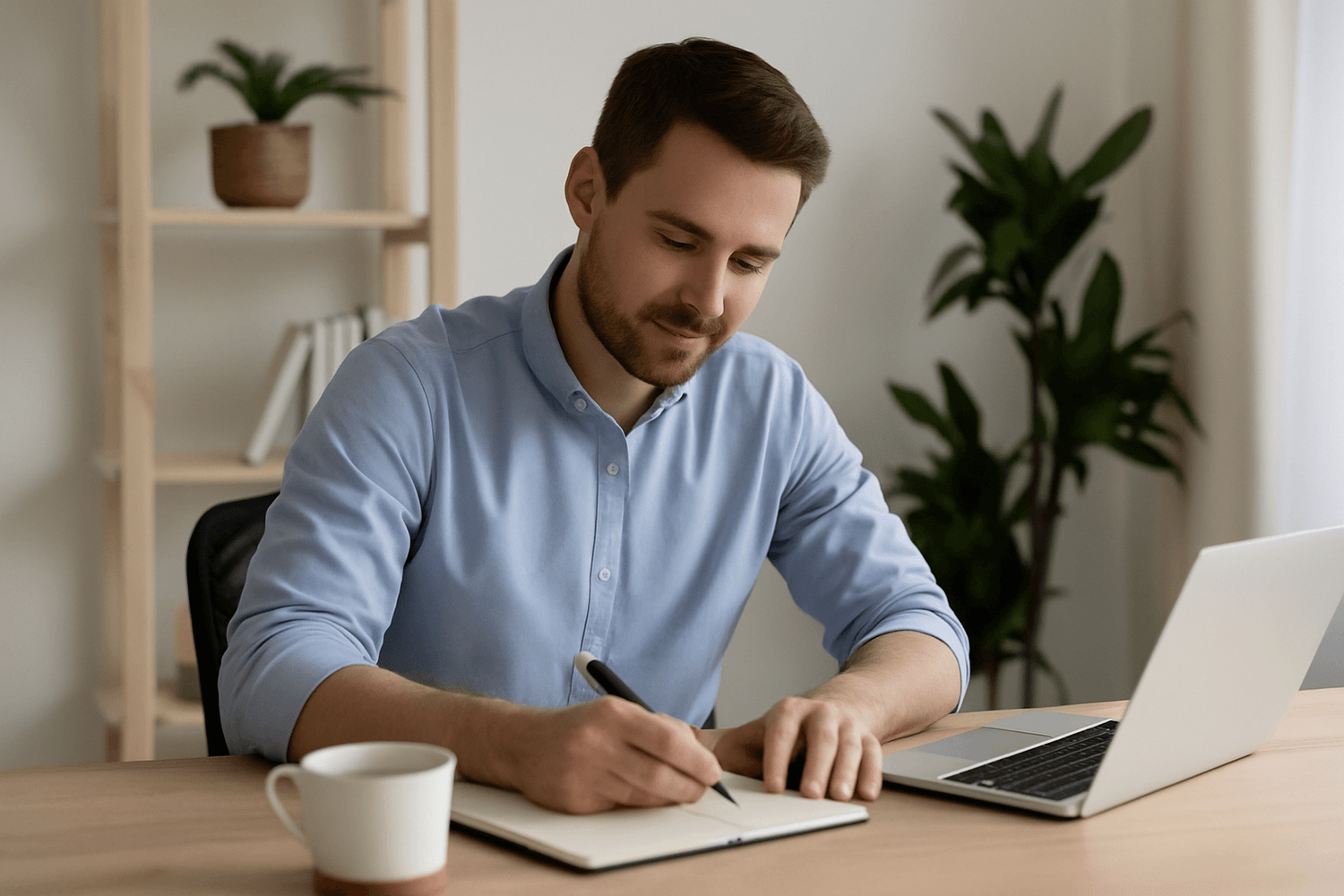 Young man in a blue shirt writing notes in a notebook while working on a laptop, representing soldiers planning budgets and tracking expenses to build financial discipline.