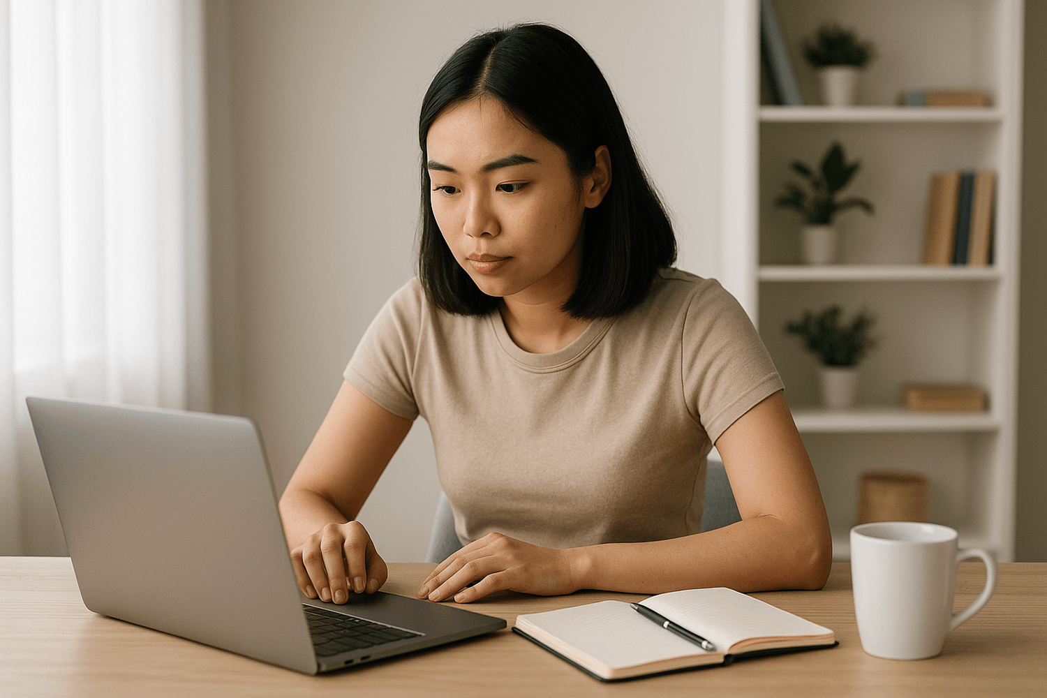 Focused young woman using a laptop with a notebook beside her, representing soldiers building money management skills and learning how to budget online.