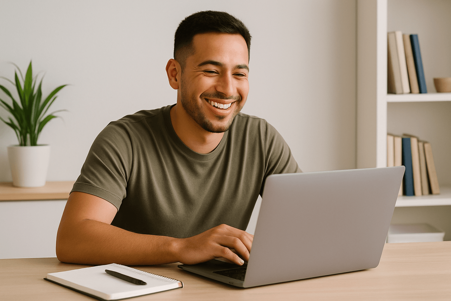 Smiling young man using a laptop with a notebook on the desk, symbolizing soldiers learning personal finance skills and building wealth online.