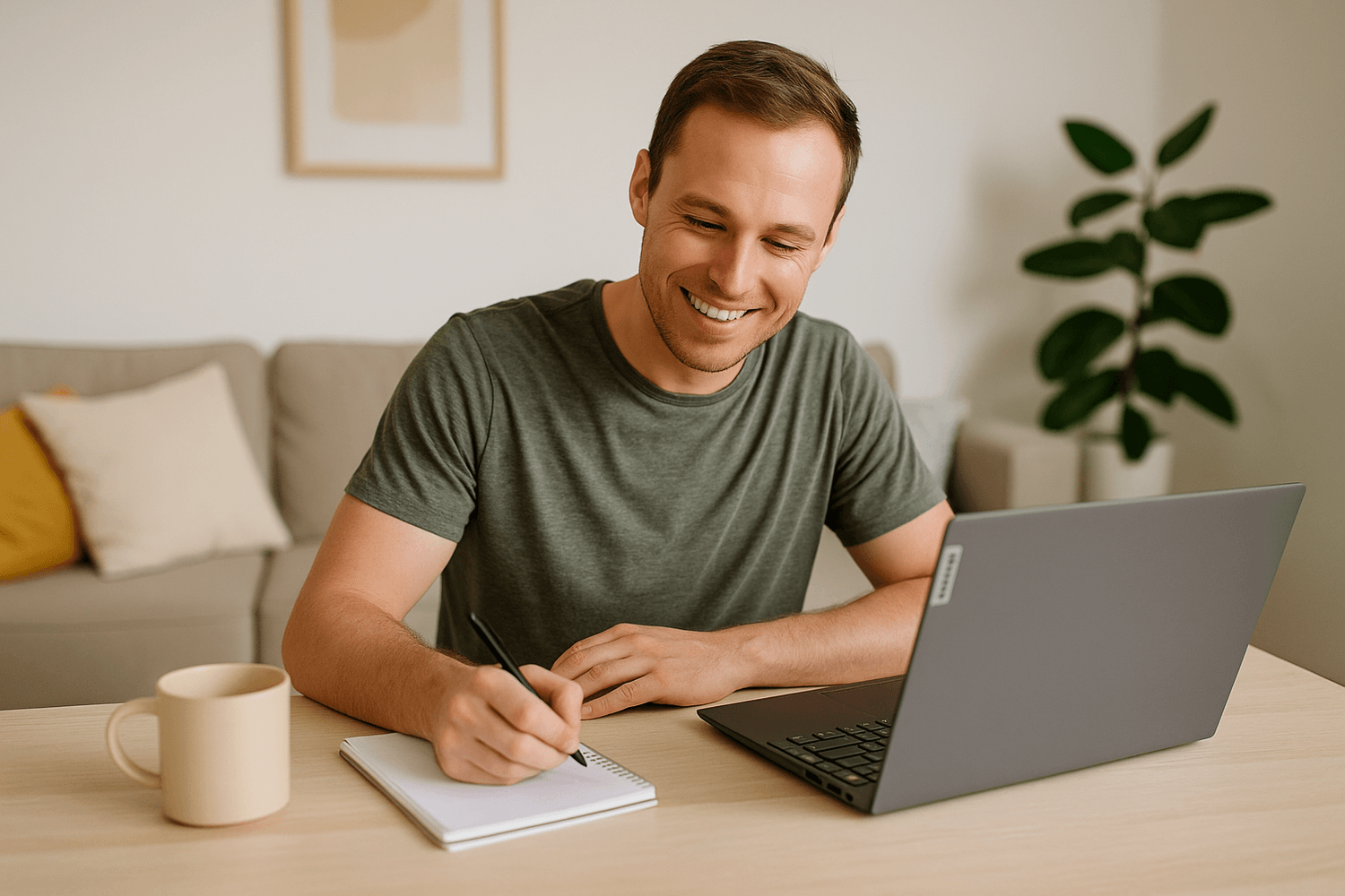 Smiling man in a green shirt writing notes while using a laptop at home, symbolizing positive money management and financial confidence for soldiers learning to build wealth.