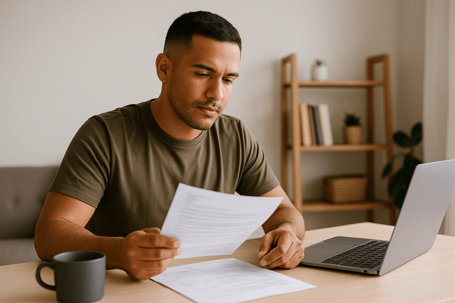 Focused man in an olive-green shirt reviewing financial documents at his desk with a laptop and coffee mug, representing budgeting, debt management, and smart money decisions for soldiers.