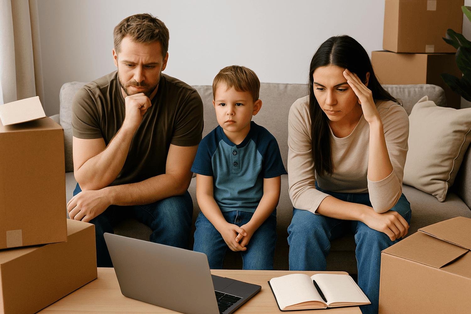 Worried family sitting on a couch surrounded by moving boxes, looking at a laptop while planning finances and relocation costs.