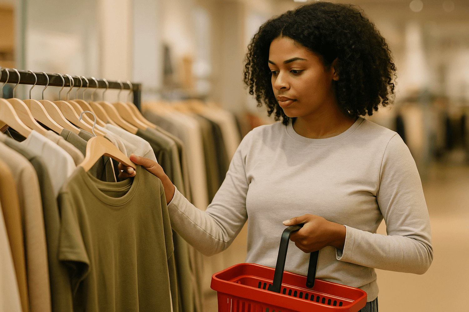 Woman holding a shopping basket and examining a green t-shirt on a clothing rack in a store while considering a purchase.