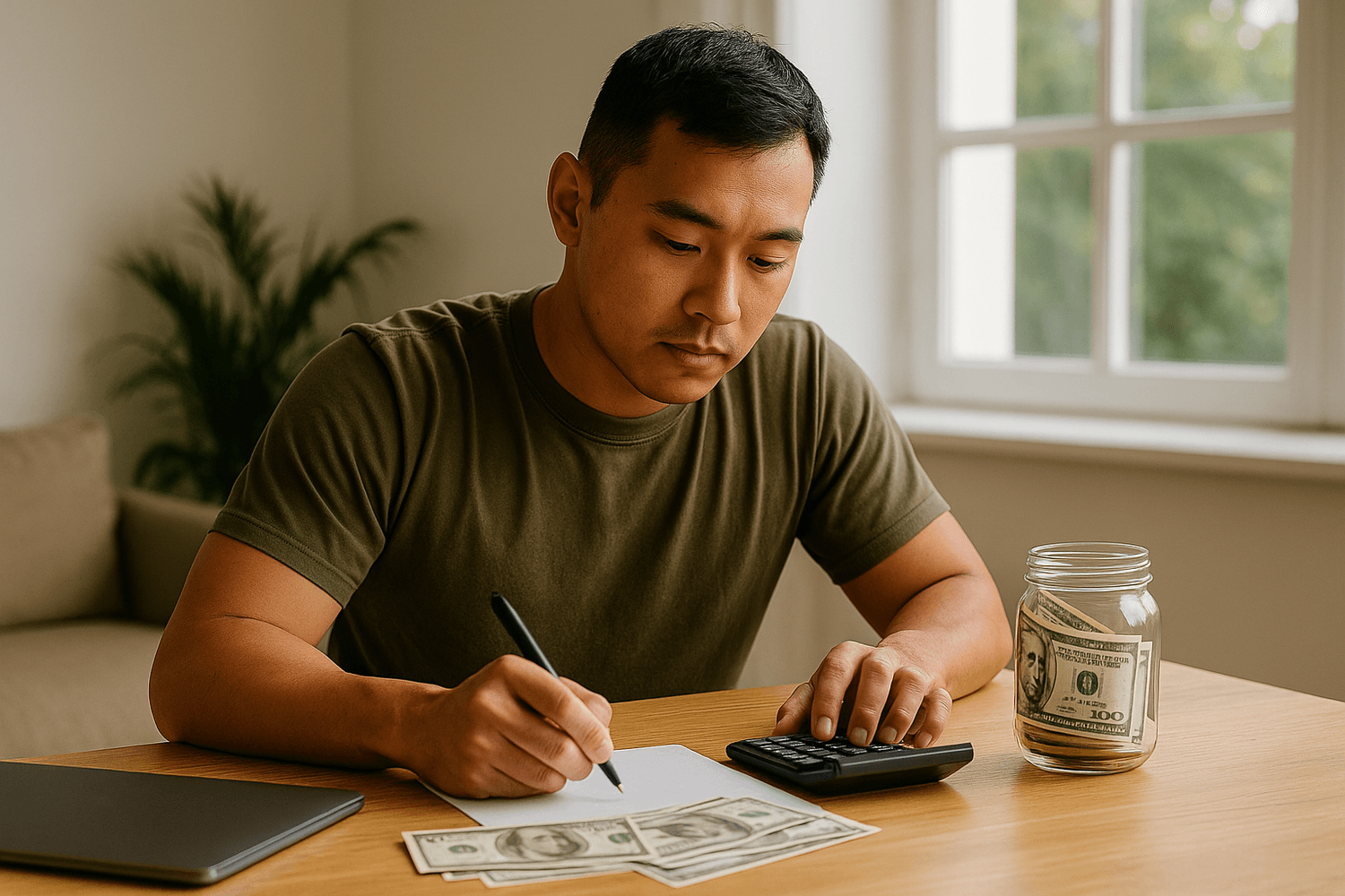 Man in a green shirt calculating expenses and writing notes with cash and a savings jar on the table.