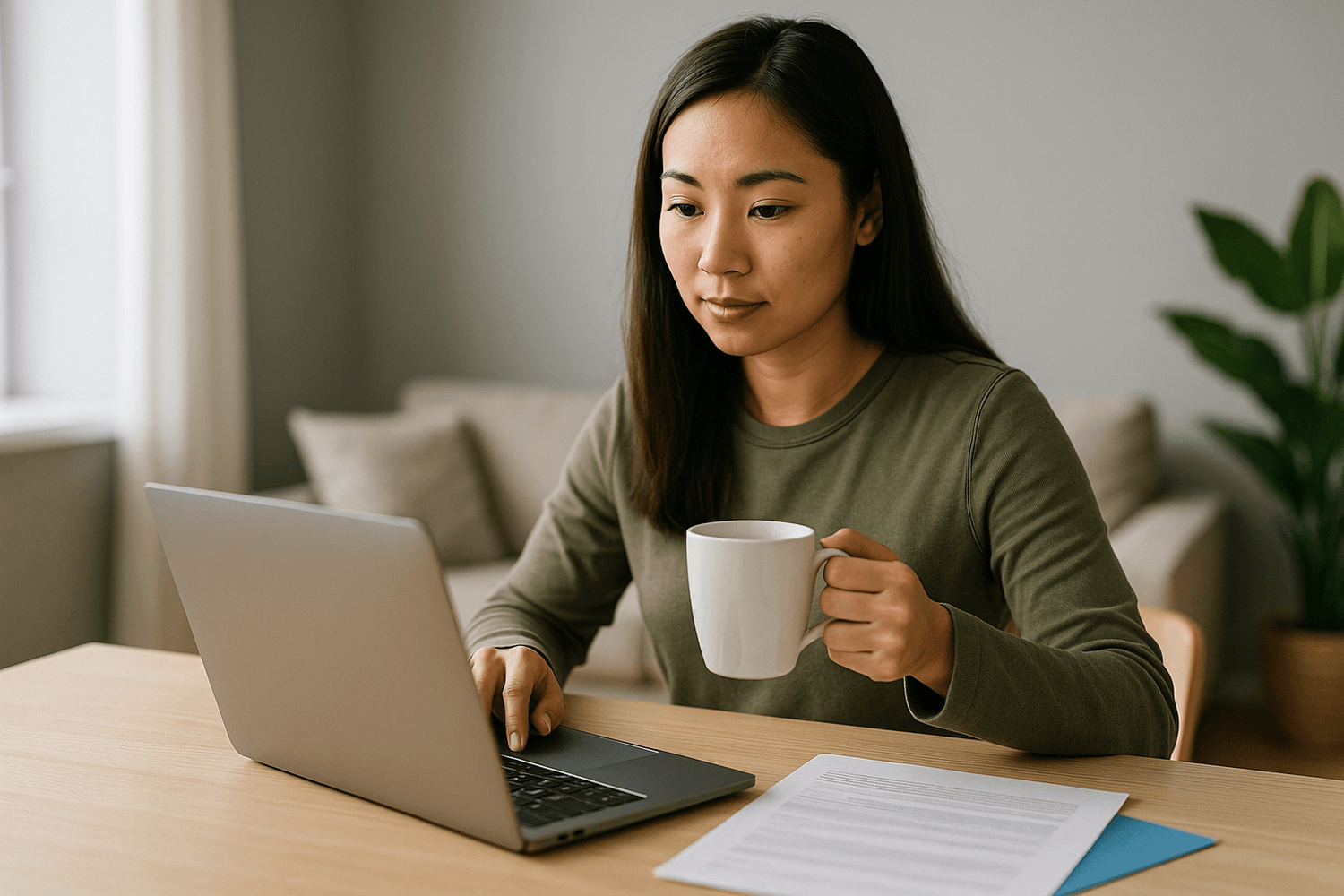 Focused woman in a green shirt working on her laptop while holding a cup of coffee at home.