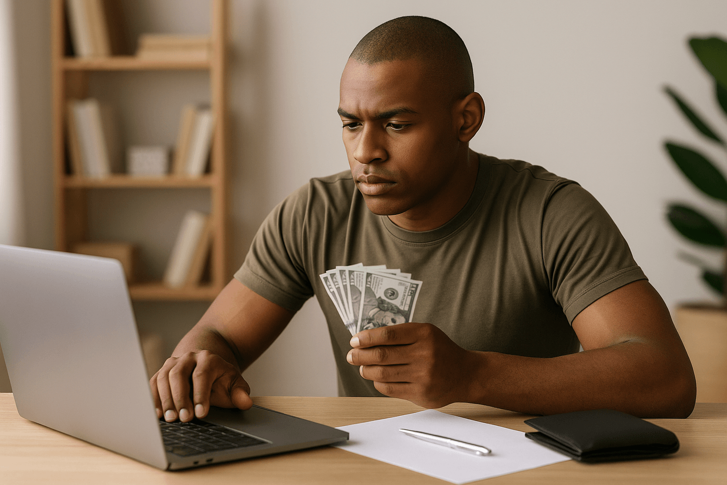 Man in a green shirt sitting at a desk, holding cash and using a laptop while reviewing finances.