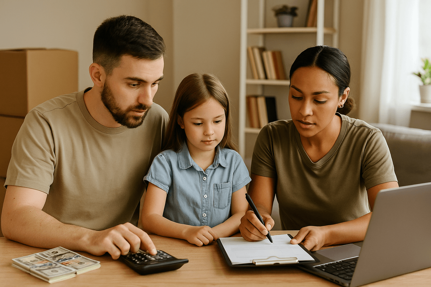 Family sitting together at a table managing finances, with parents using a calculator and clipboard while their daughter watches.