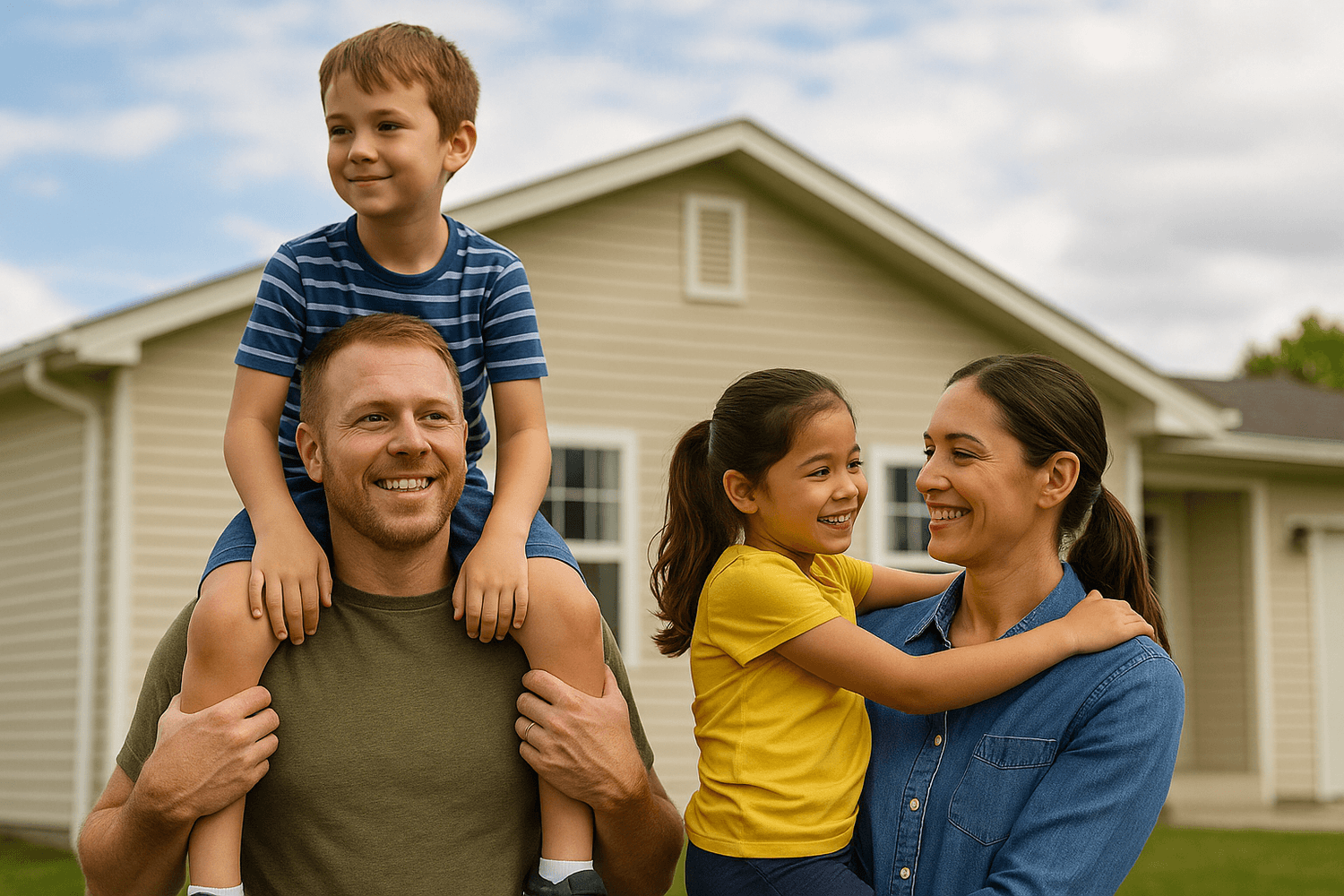 Smiling family standing outside their home, with a father carrying his son on his shoulders and a mother holding their daughter.