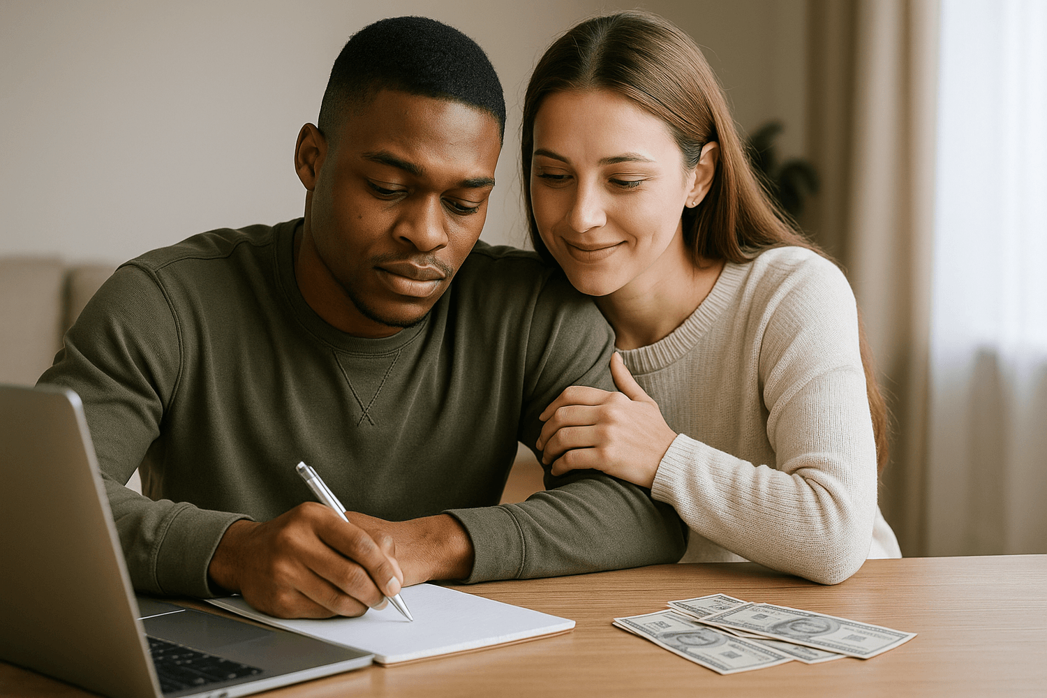 A happy couple sits at a table planning their finances together. The man writes notes in a notebook beside a laptop while the woman leans affectionately on his shoulder. Cash is laid out on the table, symbolizing budgeting, saving, or financial goal setting.